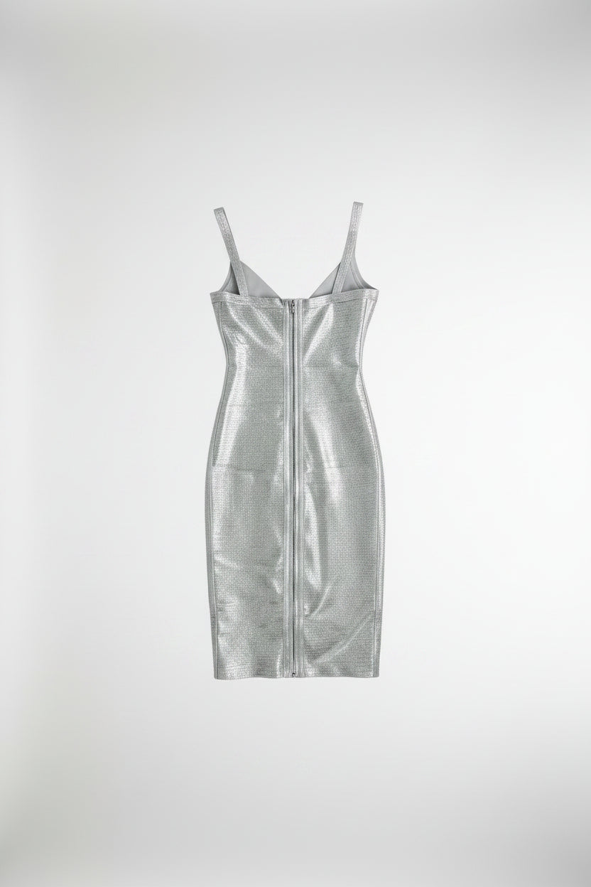 Honey Couture Celeste Metallic Silver Plunge Bandage Mini Dress