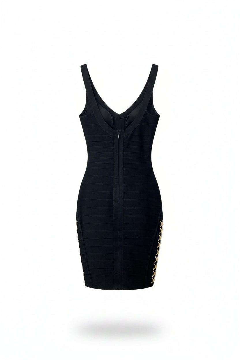 Honey Couture Sienna Gold Chain Detail Bandage Mini Dress in Black