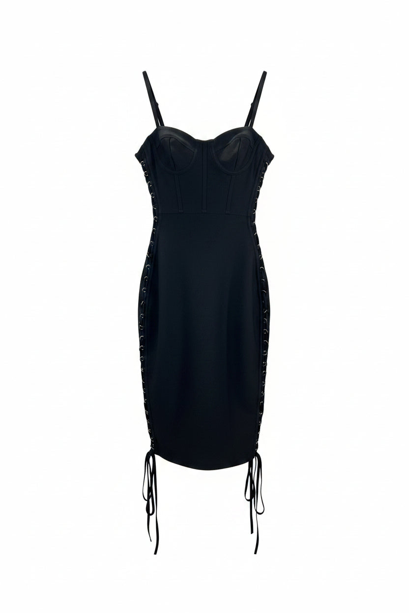 Honey Couture Raven Black Corset Lace-Up Bandage Midi Dress