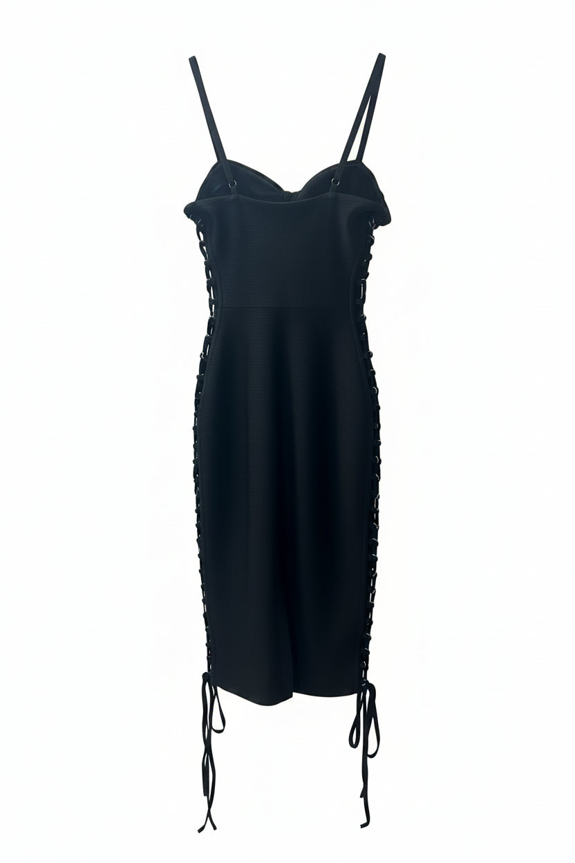 Honey Couture Raven Black Corset Lace-Up Bandage Midi Dress