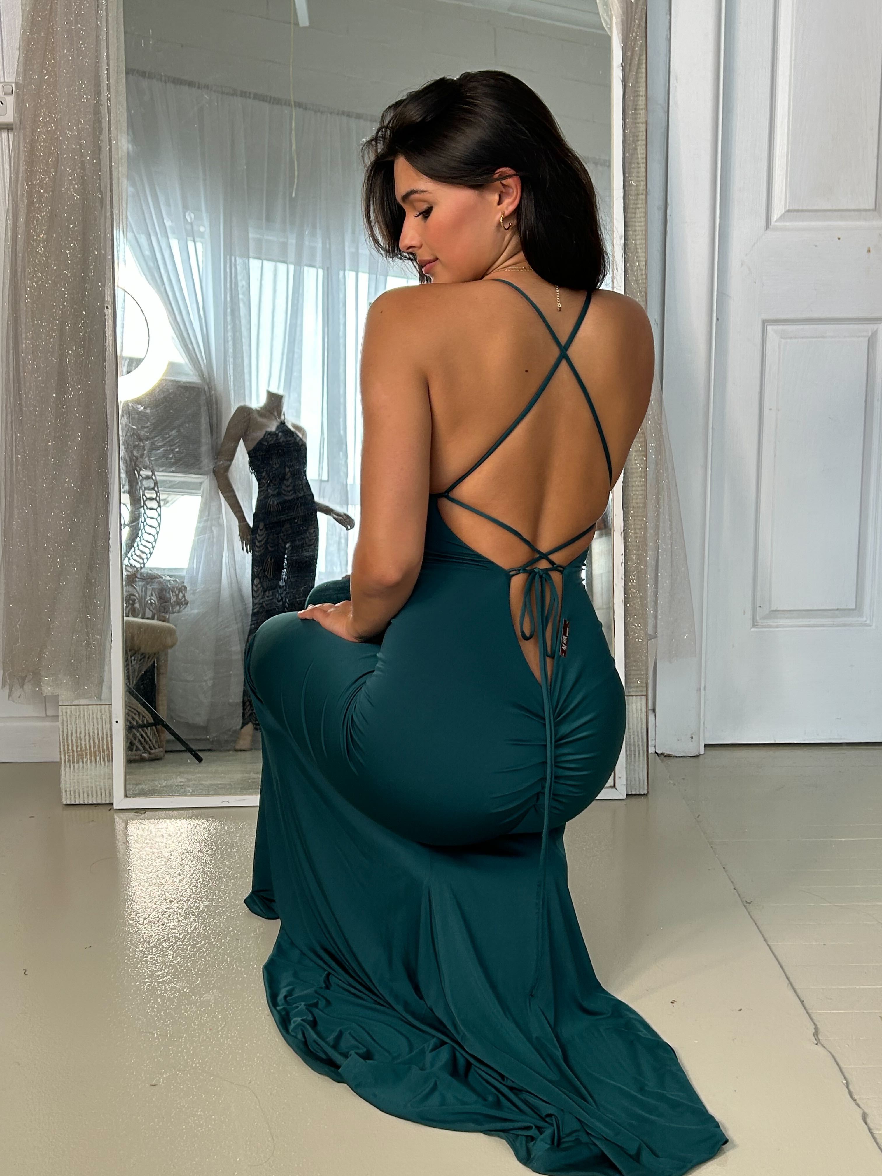 Amy Taylor KORISSA Emerald Slinky Corset Lace Up Back Mermaid Formal Dress