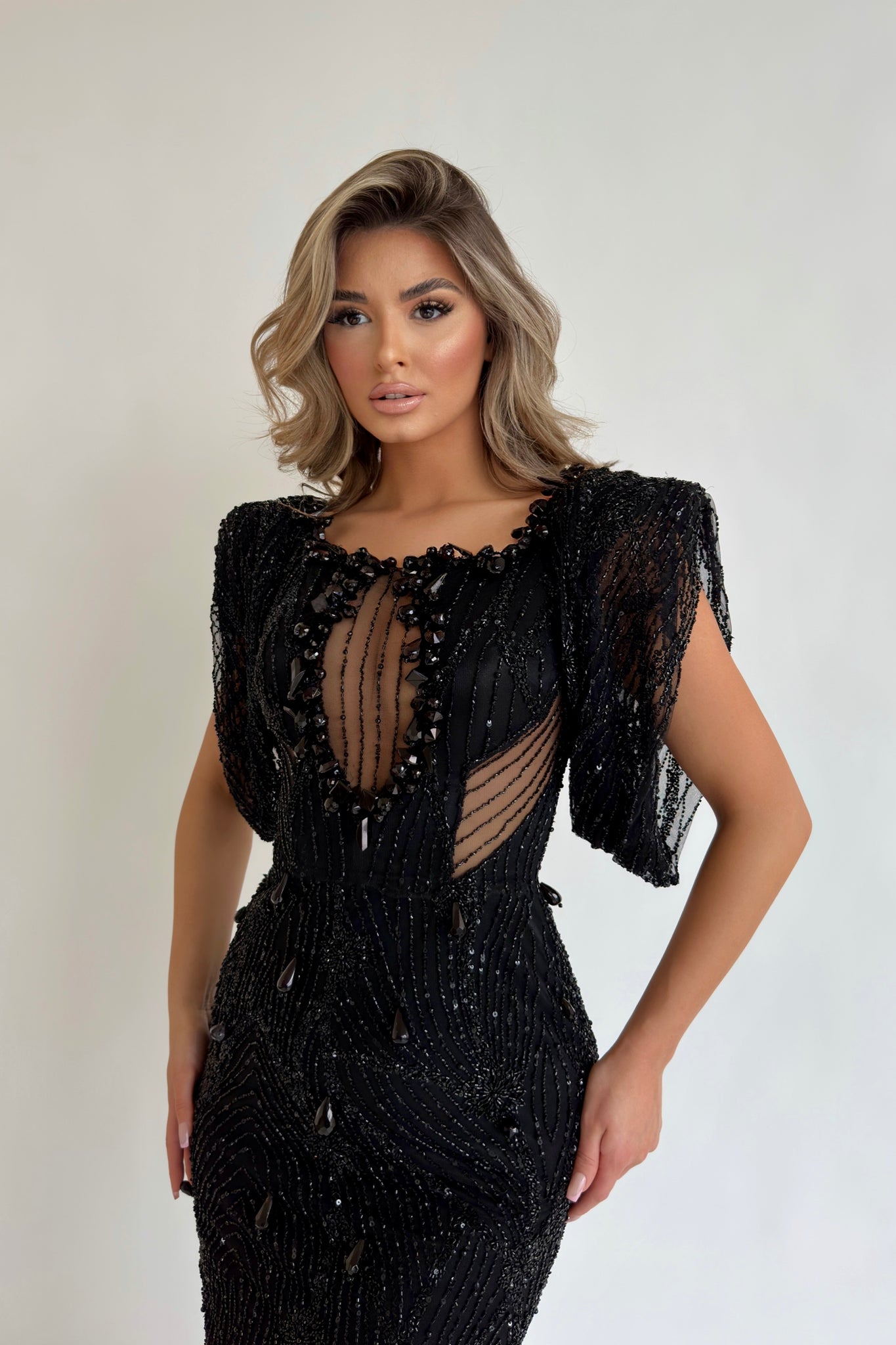 MINNA Fashion BLACK SWAN Black Beaded Structured Shoulder Mermaid Form MINNA Fashion BLACK SWAN Black Beaded Structured Shoulder Mermaid Form
