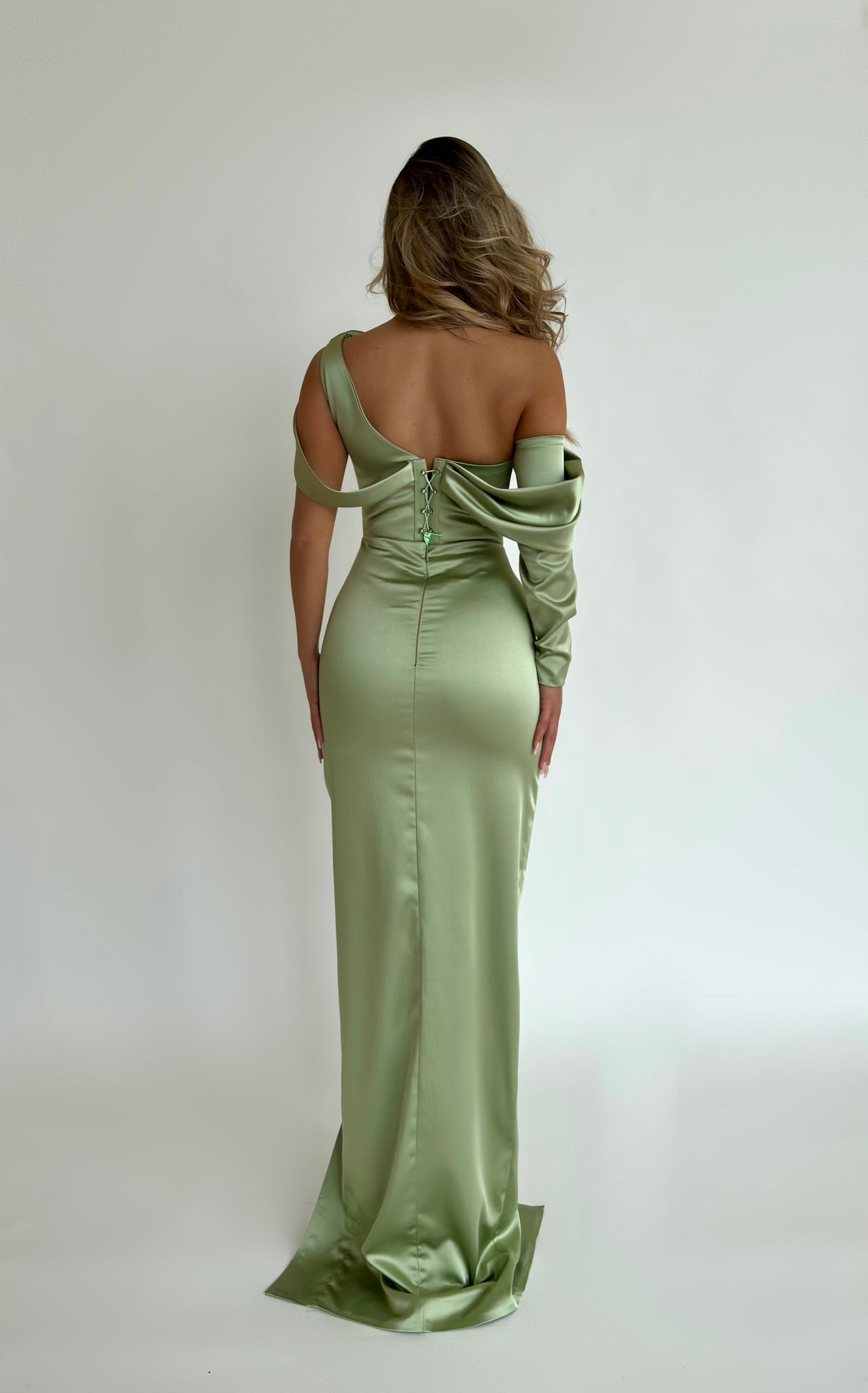 MINNA Fashion LIME SHOT Green one shoulder beaded mermaid formal dress with sleeve cut out, Brisbane to Gold Coast