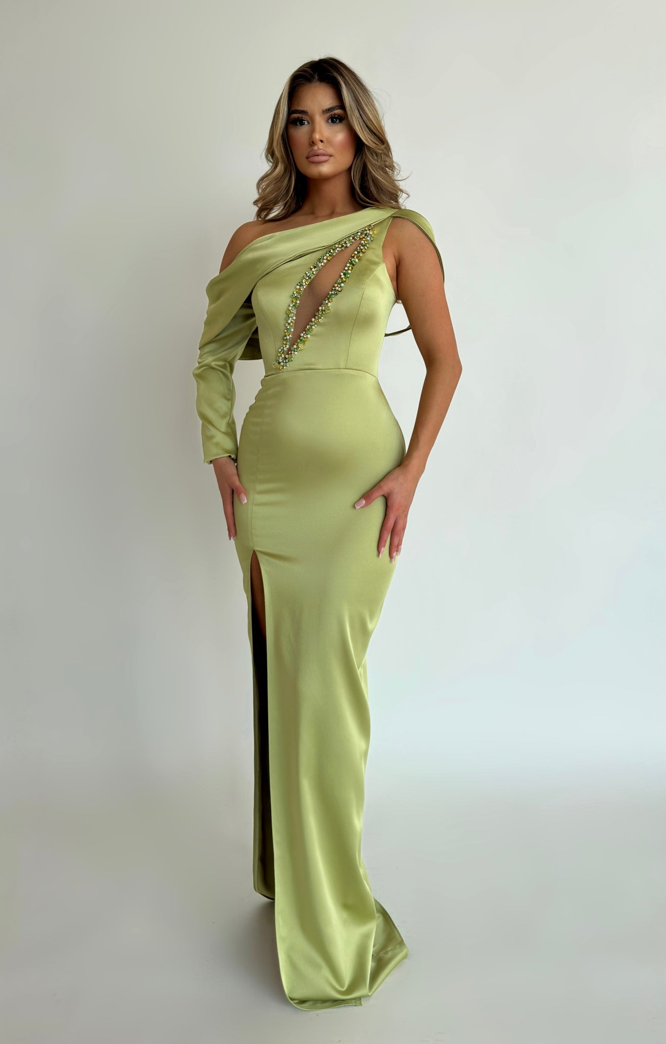 MINNA Fashion LIME SHOT green dress with beaded detail and slit. Elegant mermaid evening gown Brisbane to Gold Coast, Australia.
