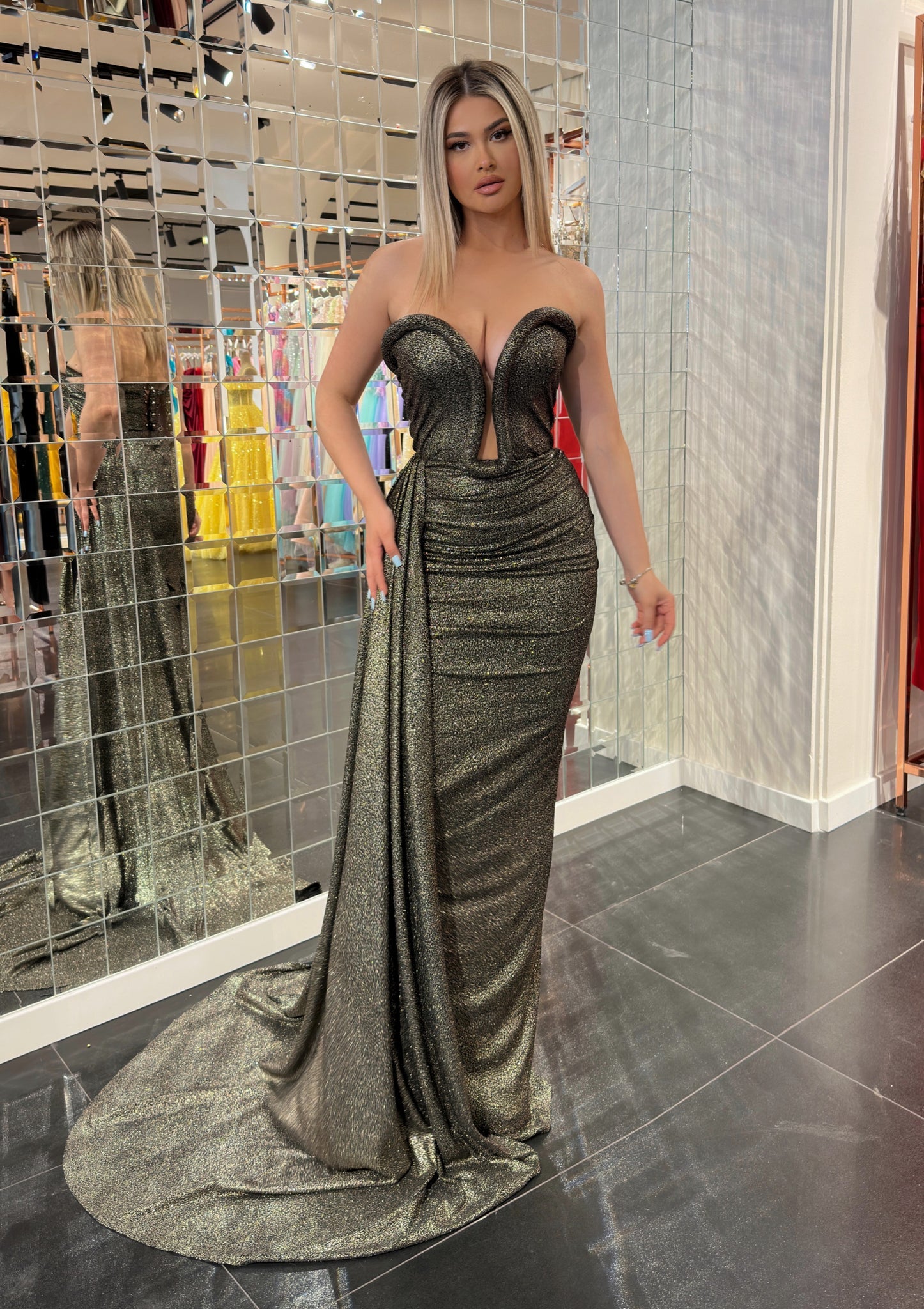 MINNA Fashion COCOA CHARM Silver Metallic Strapless Mermaid Formal Dress in Australia | One Honey Boutique