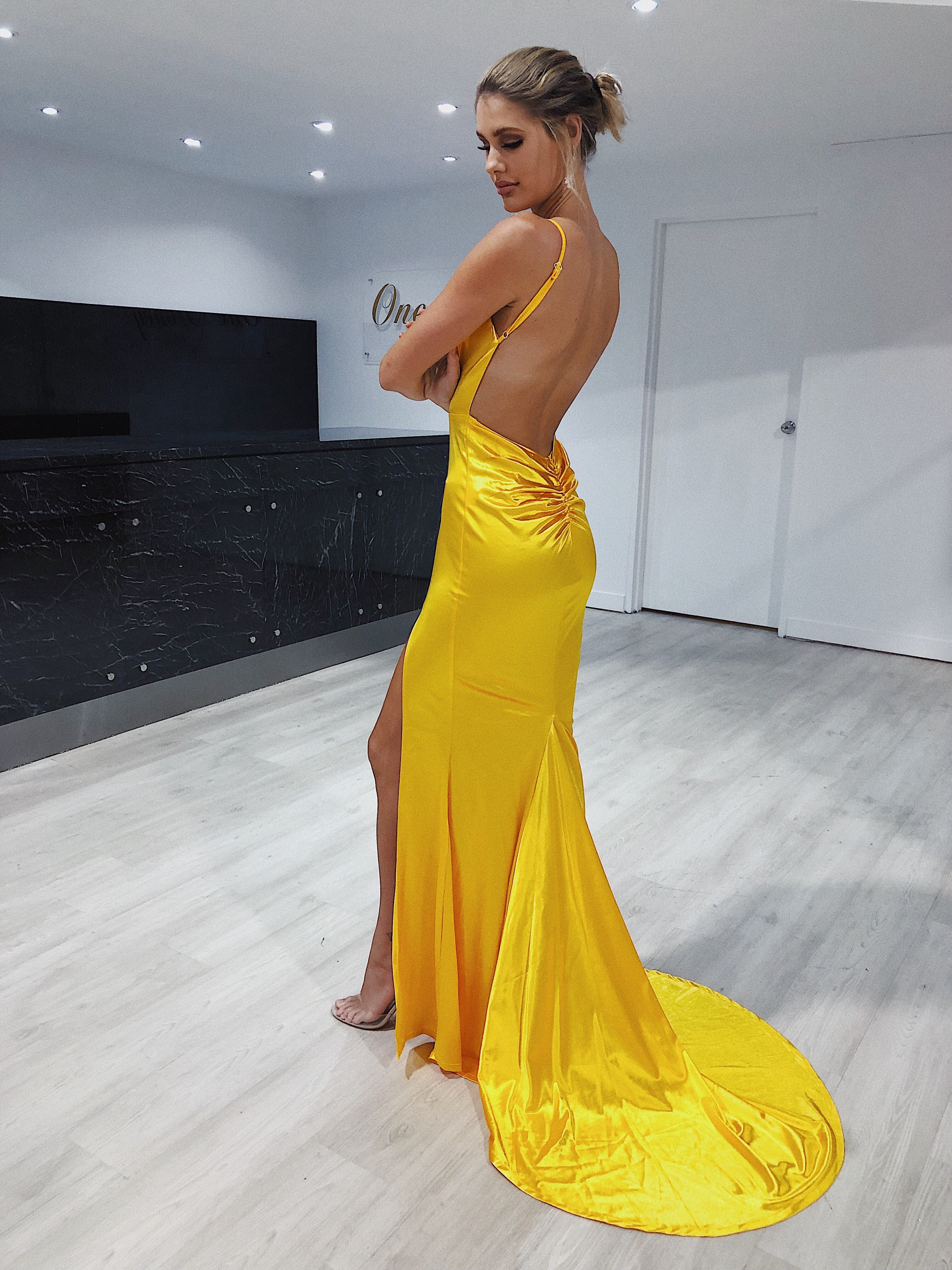 Honey Couture MILEE Yellow Low Back Mermaid Evening Gown Dress Honey Couture$ AfterPay Humm ZipPay LayBuy Sezzle