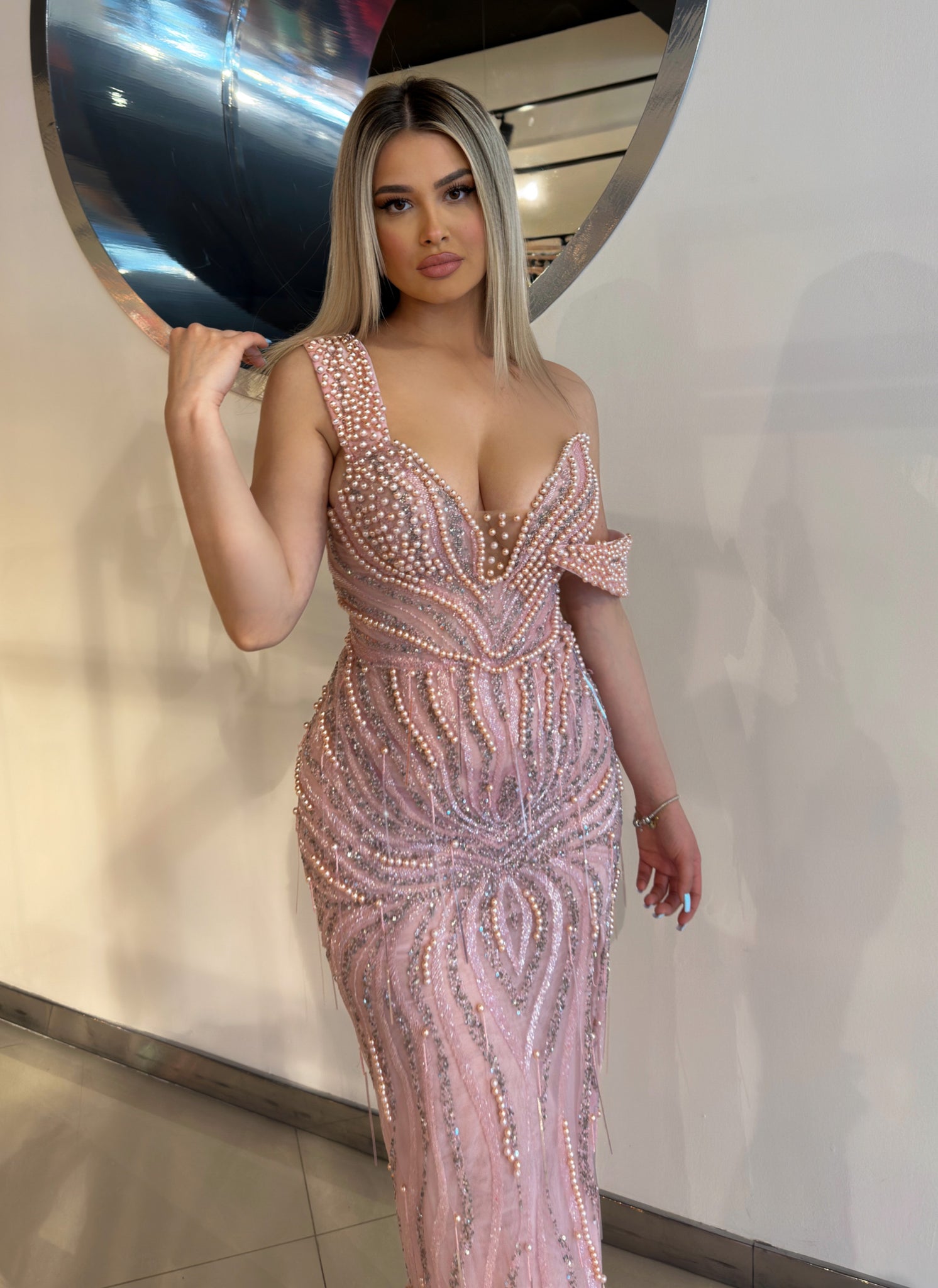 MINNA Fashion ESTELA Pink Beaded Fringe Mermaid Formal Dress with off the shoulder design, Brisbane to Gold Coast.