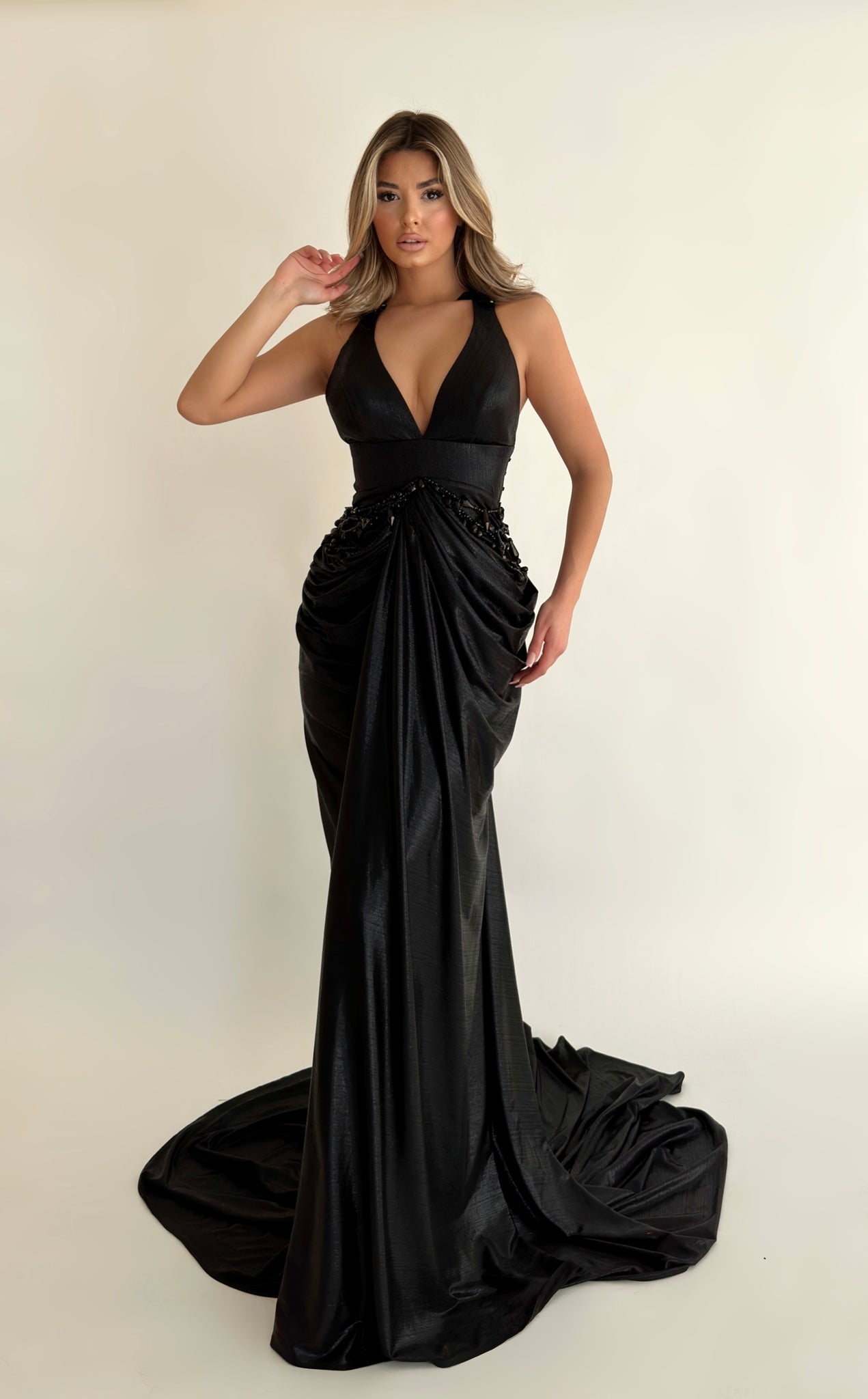 MINNA Fashion ALLEGRA black halter neck beaded detail mermaid evening gown, dramatic train; Brisbane to Gold Coast, Australia