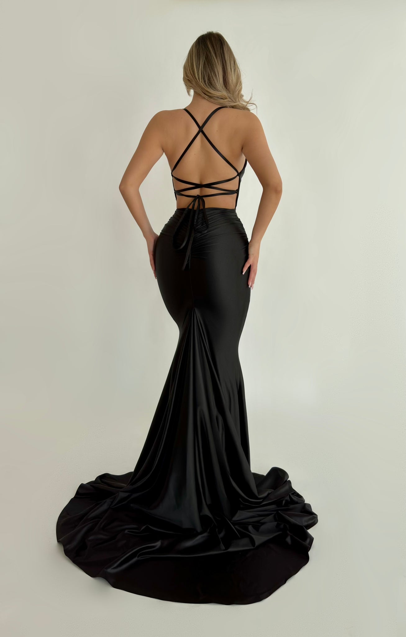 MINNA Fashion VITTORIA black silky mermaid formal dress with corset back and train, capturing elegance from Brisbane to Gold Coast.