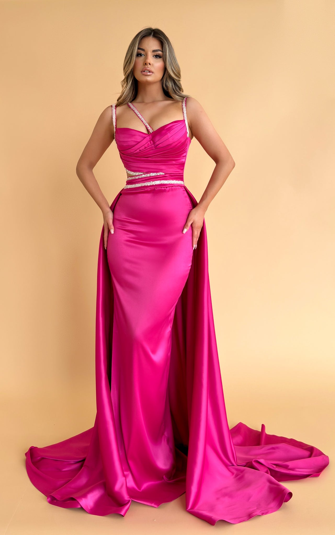 MINNA Fashion ROSY Pink dress with overskirt and leg split. Mermaid formal dress, perfect for grand entrances. Brisbane to Gold Coast.