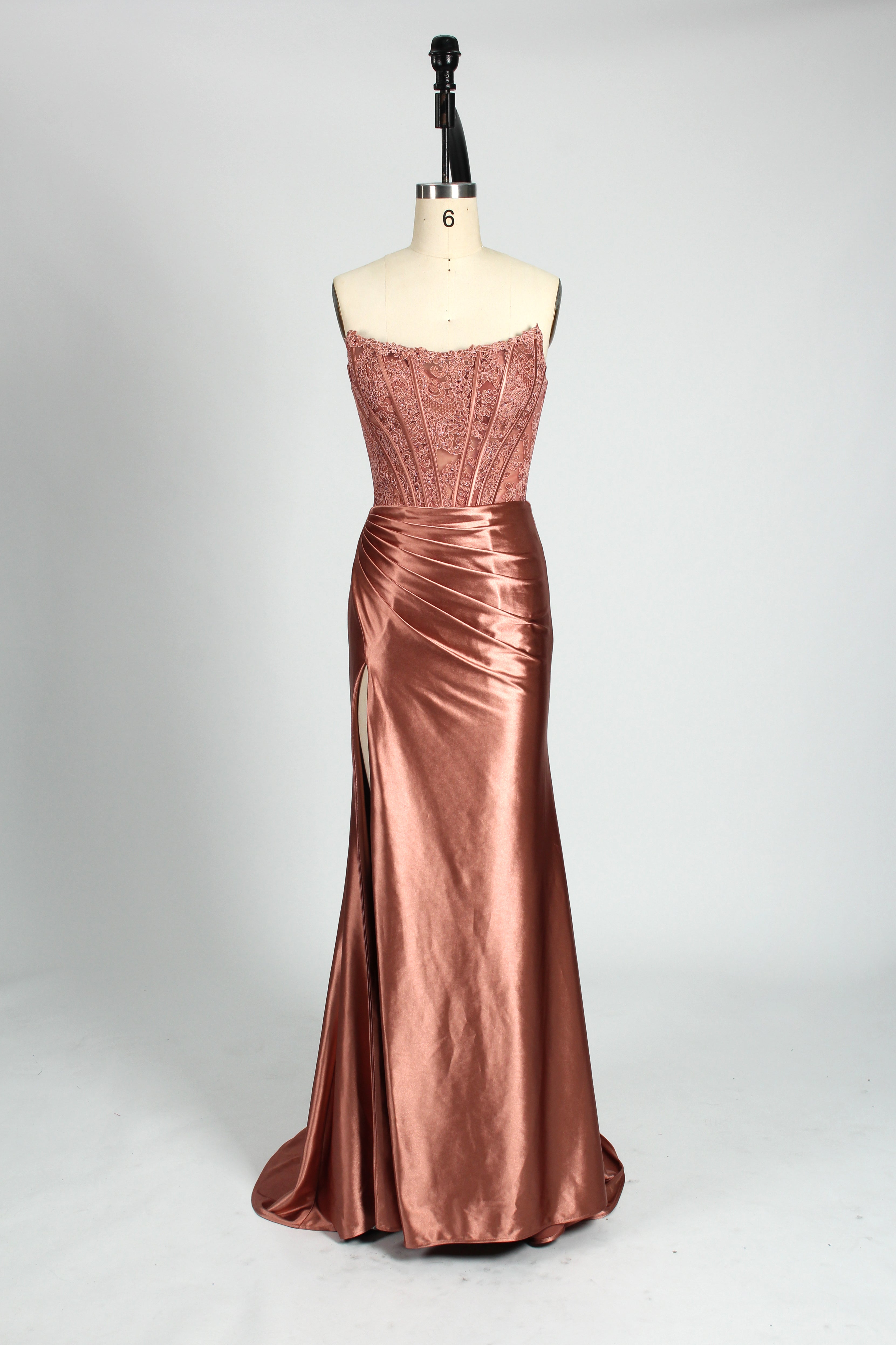 Honey Couture AUGUST Rose Gold Strapless Embellished Bustier Satin Mermaid Formal Dress
