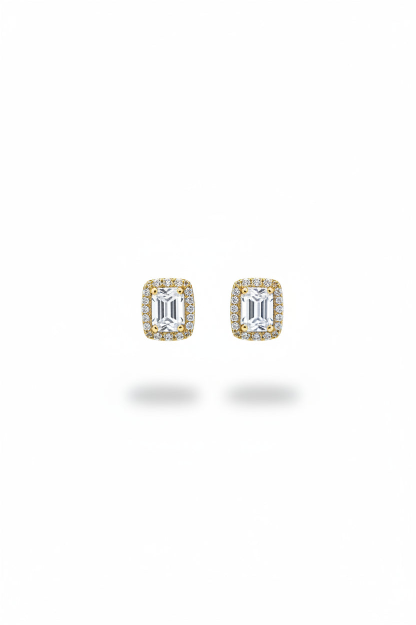 Gregory Ladner Gold Radiant Cut Crystal Halo Stud Earrings