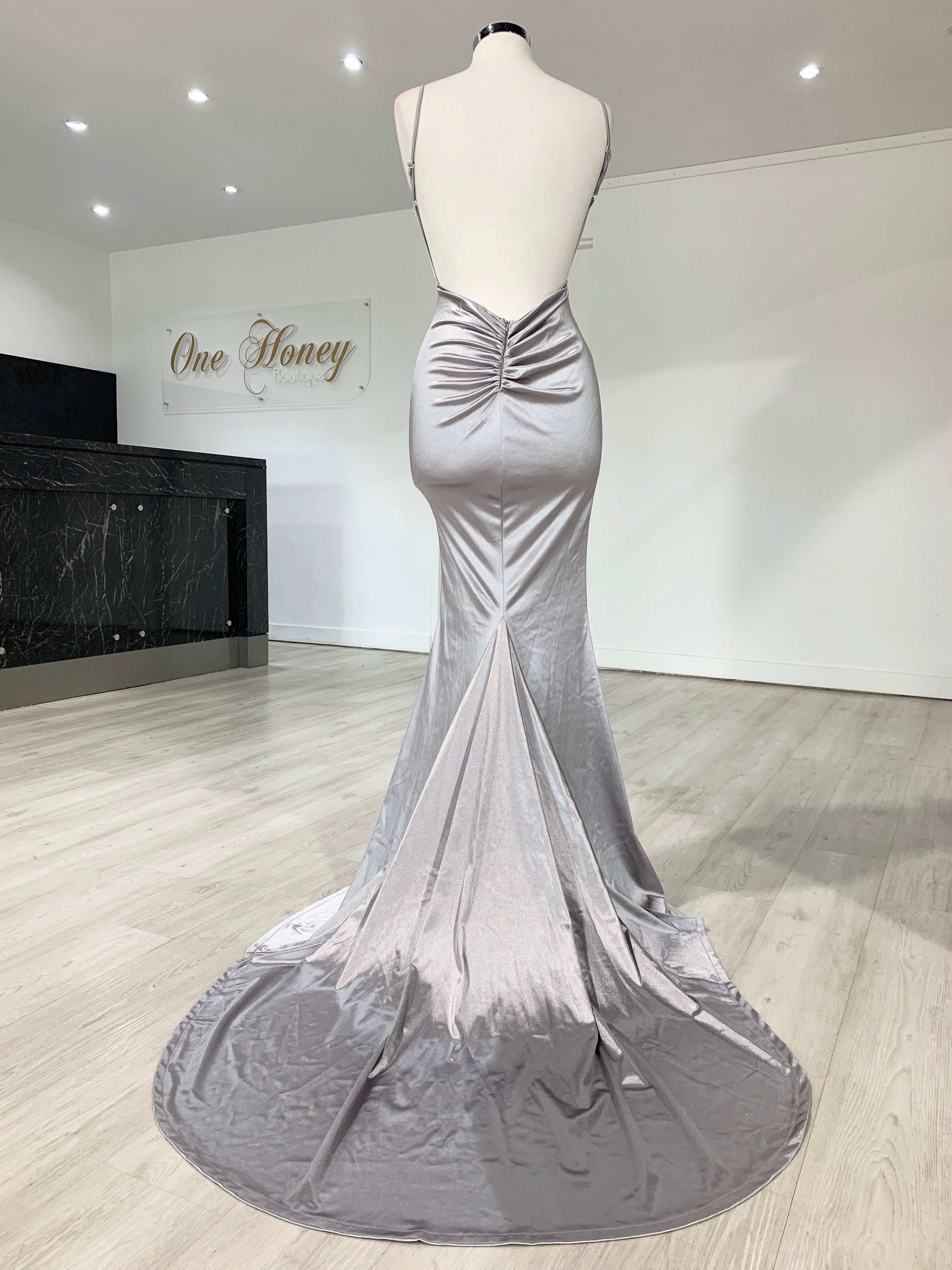 Honey Couture MILEE low back mermaid evening gown in silky stretch fabric, Australian designer prom dress, affordable elegant evening gown.