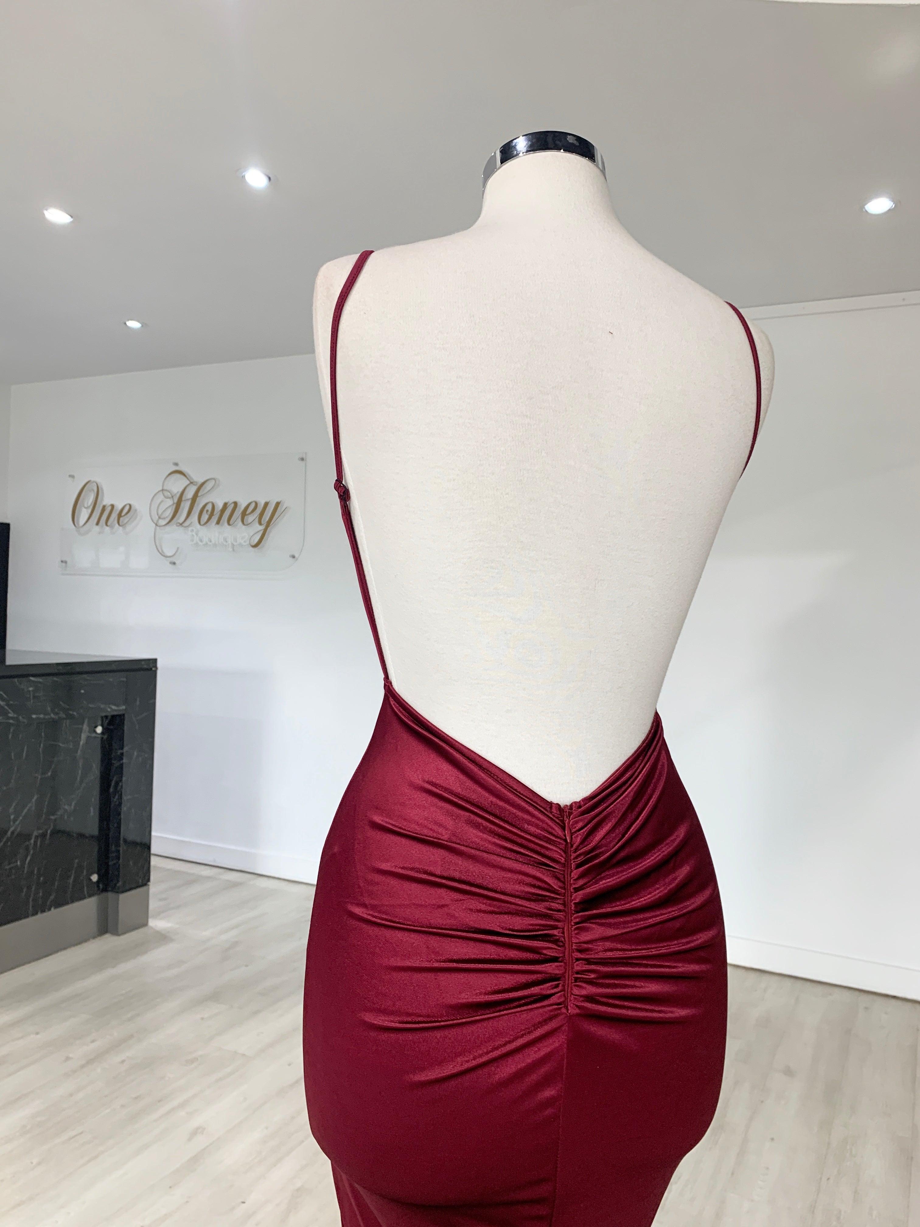 Honey Couture MILEE Low Back Mermaid Evening Gown in silky fabric with seductive bum ruching. Australian Designer Prom Dress.