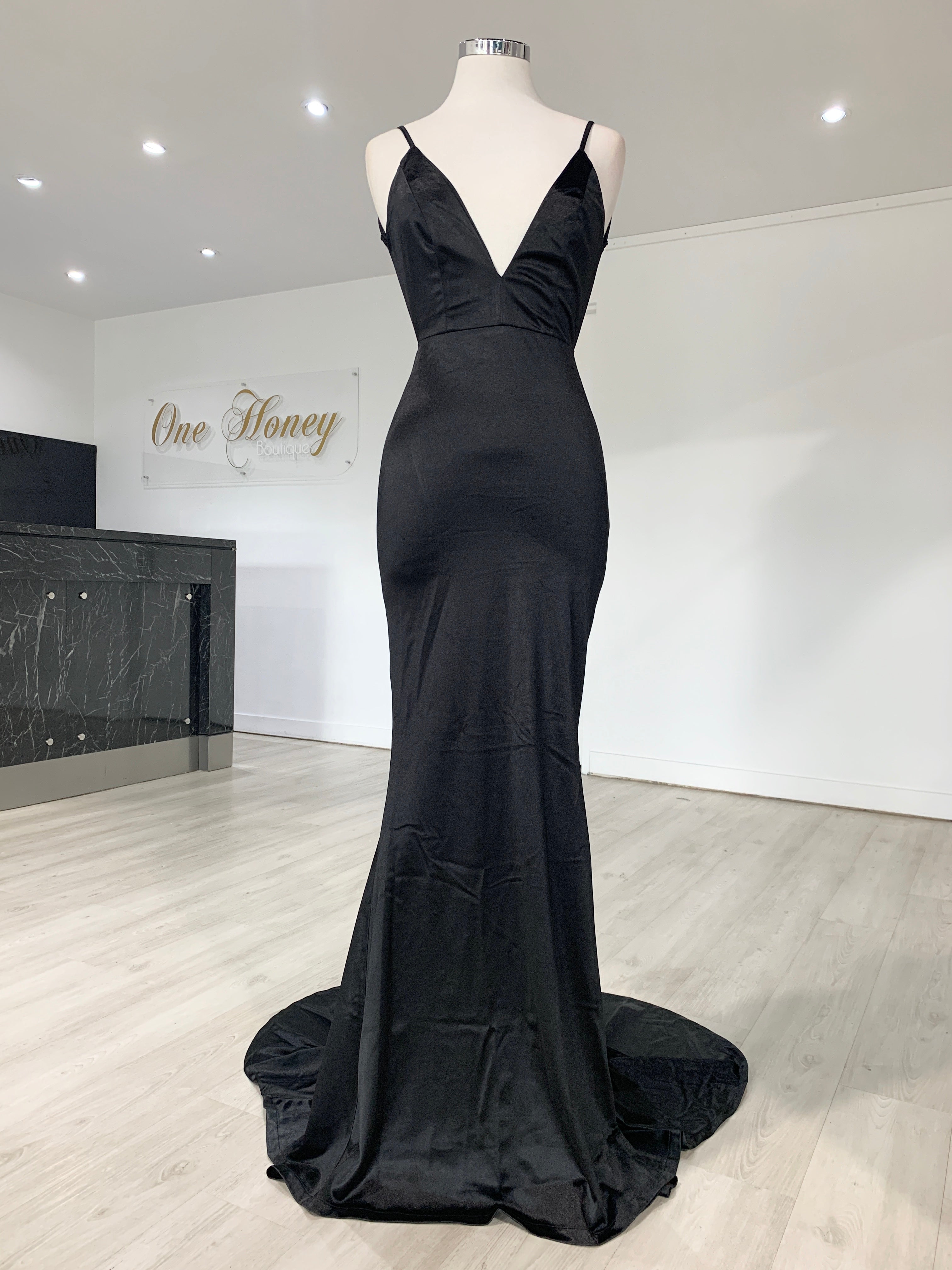 Honey Couture MILEE low back mermaid evening gown, Australian designer prom dress, in black silky stretch fabric with adjustable straps.