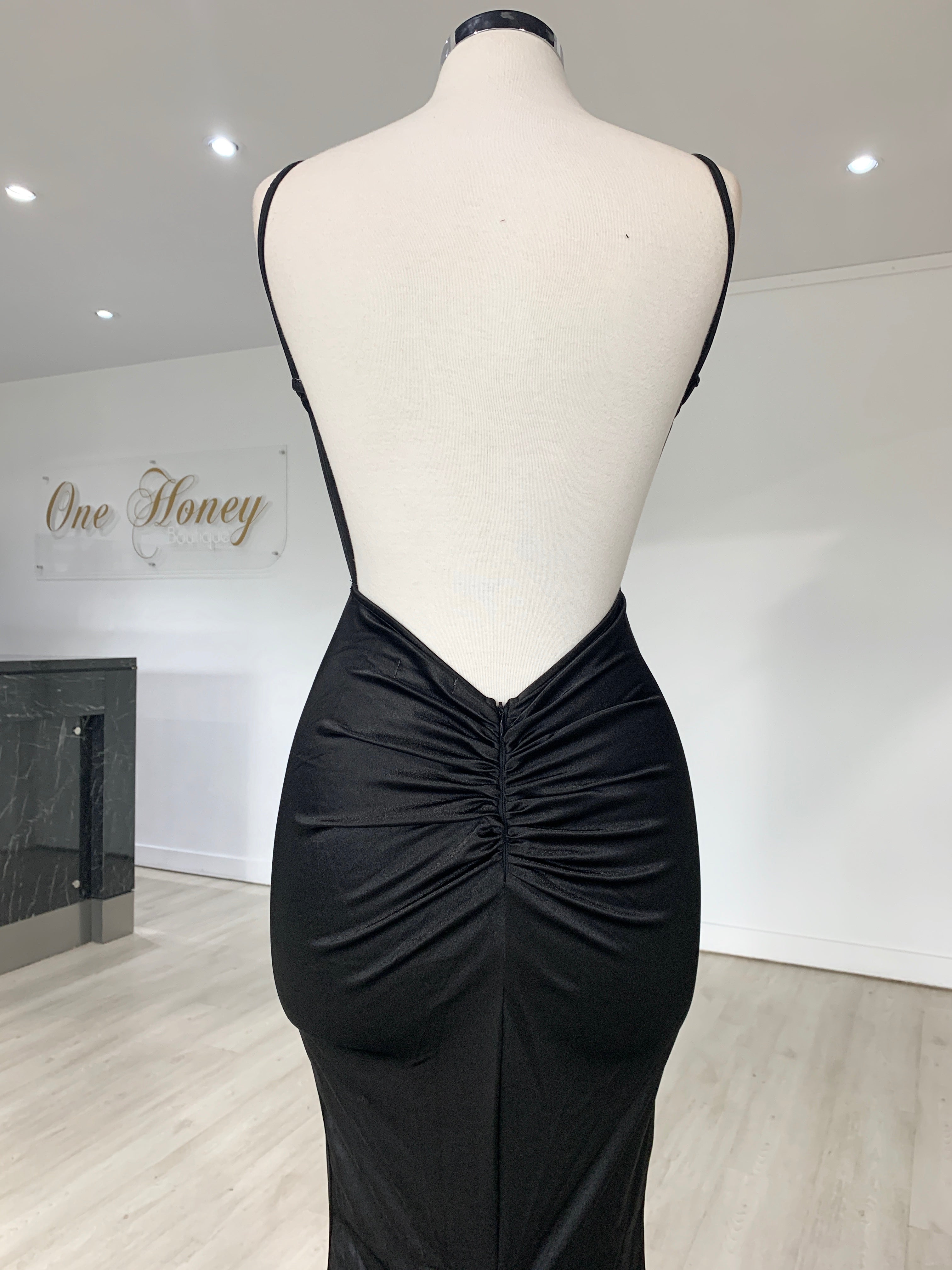 Rear view of Honey Couture MILEE Low Back Mermaid Evening Gown with bum ruching, featuring Australian designer evening wear. Perfect for prom.
