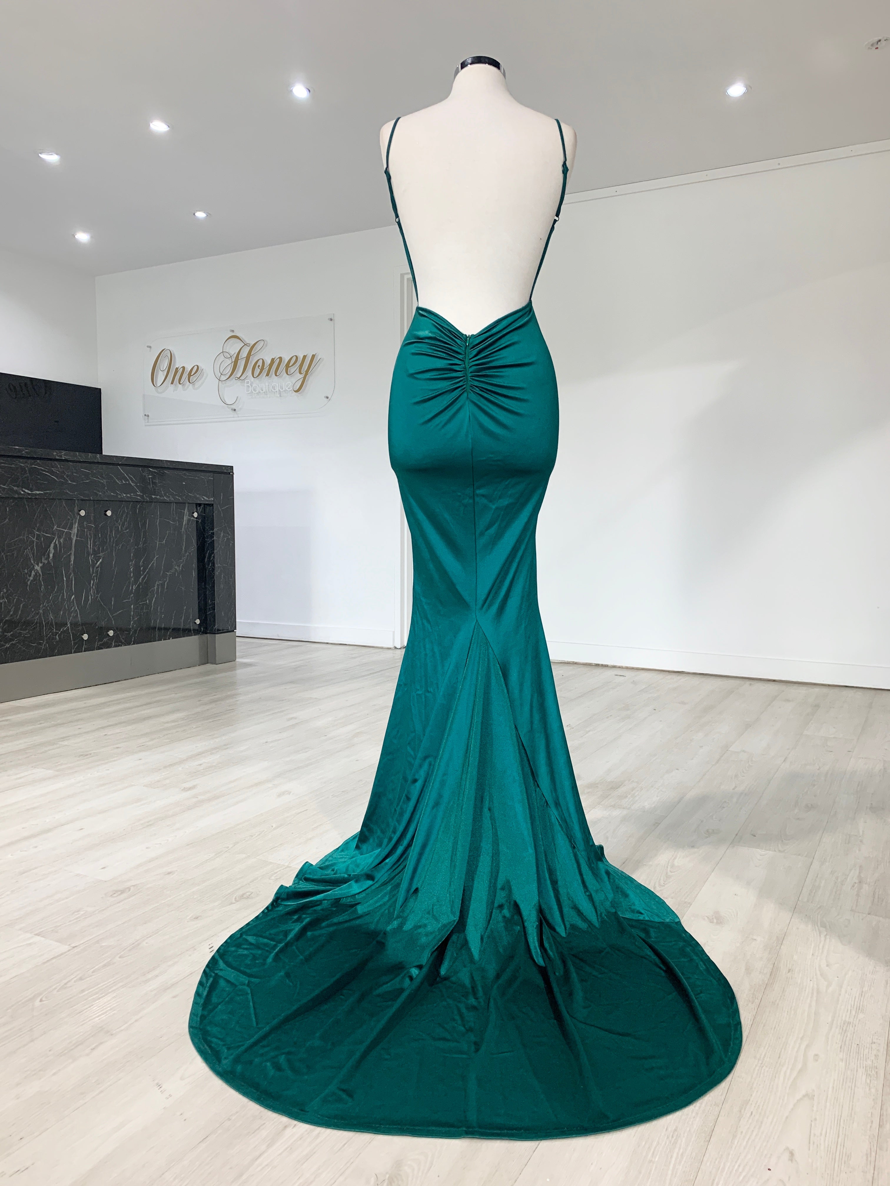 MILEE Low Back Mermaid Evening Gown by Honey Couture, Australian Designer Prom Dress with silky stretch fabric and bum ruching, affordable style.