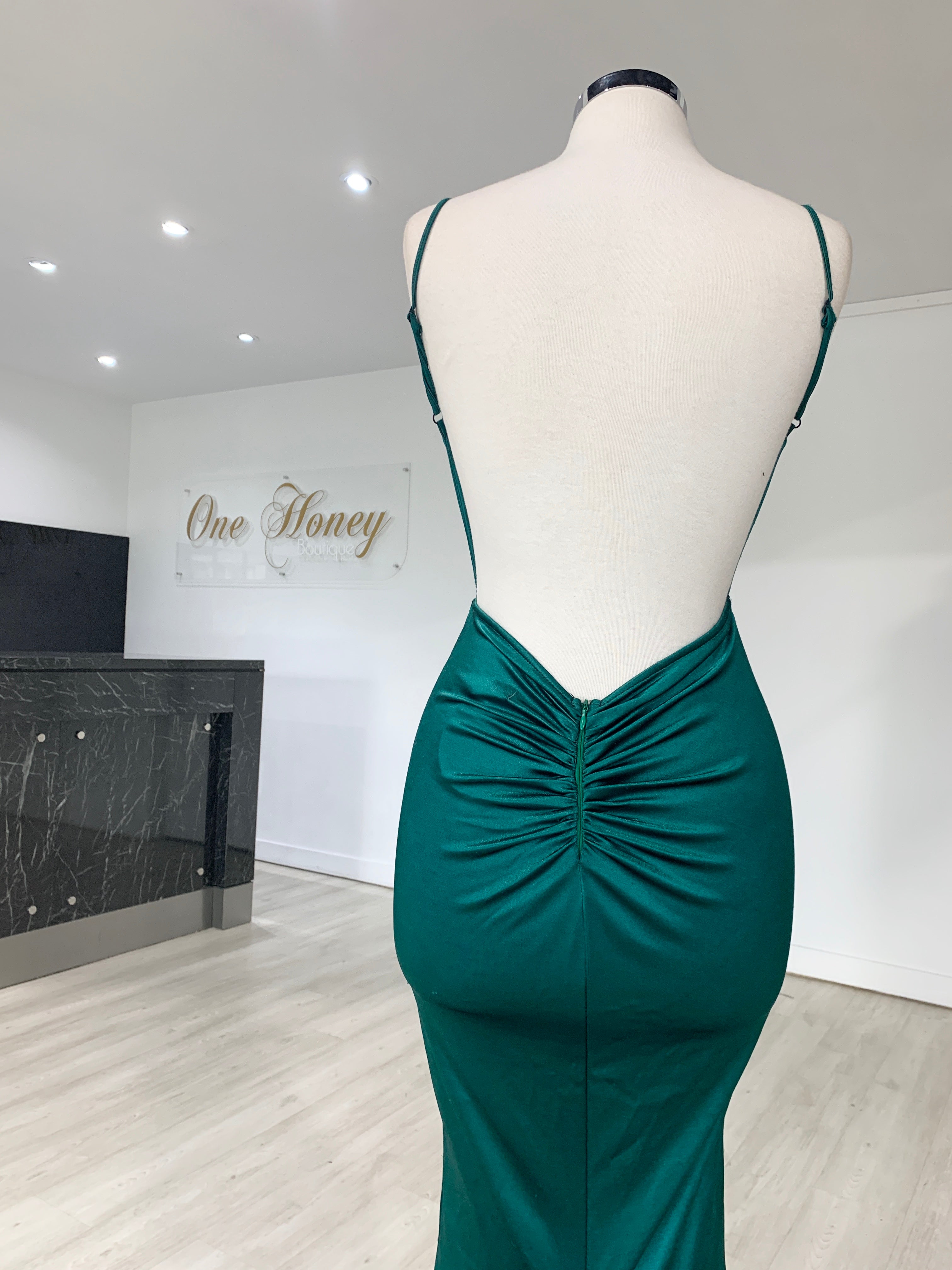 Honey Couture MILEE Low Back Mermaid Evening Gown with ruching, by Australian Designer; perfect for prom and special occasions.