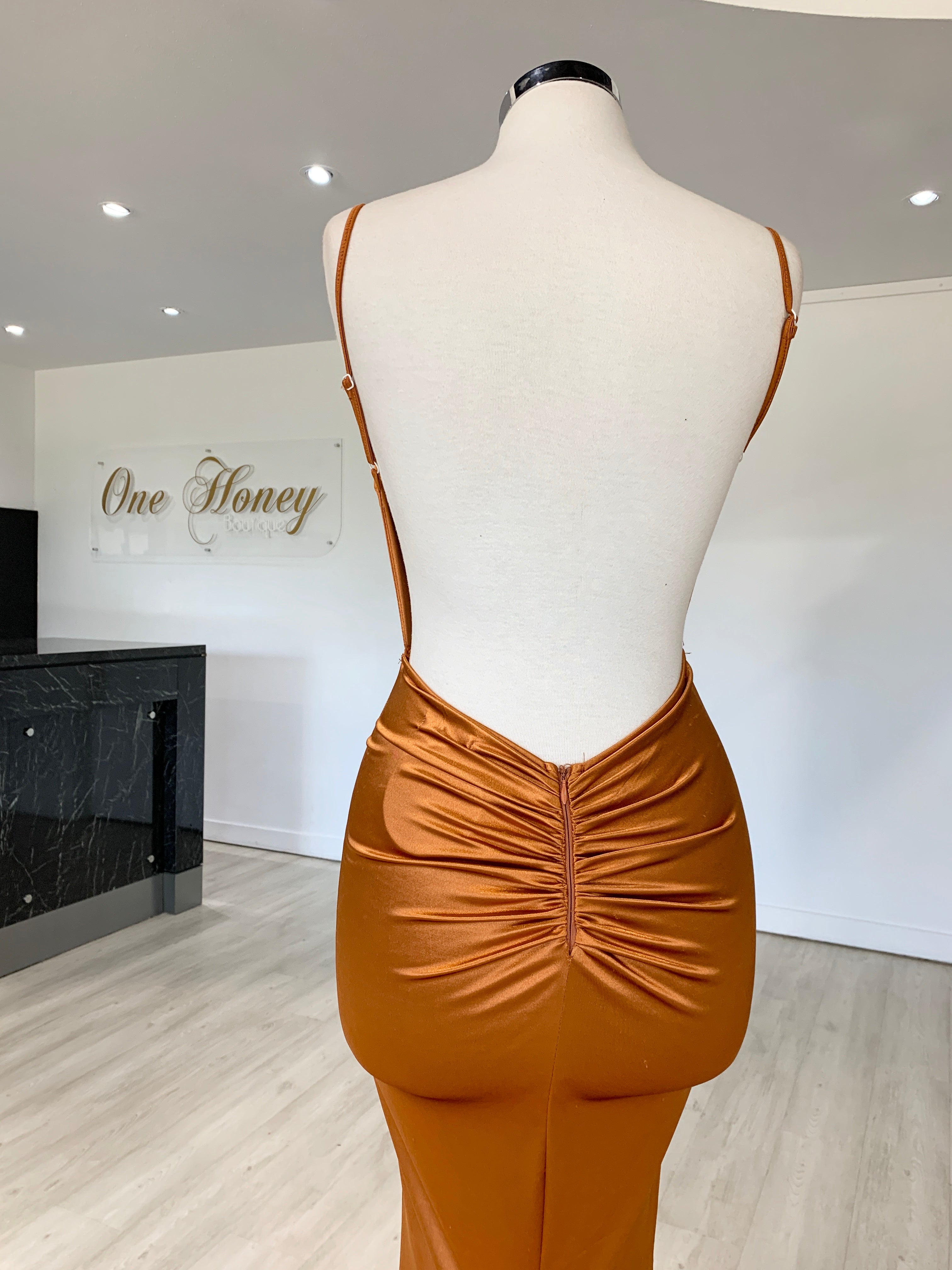 Back view of Honey Couture MILEE Low Back Mermaid Evening Gown in silky stretch fabric, designed by Australian Designer for prom or special occasions.