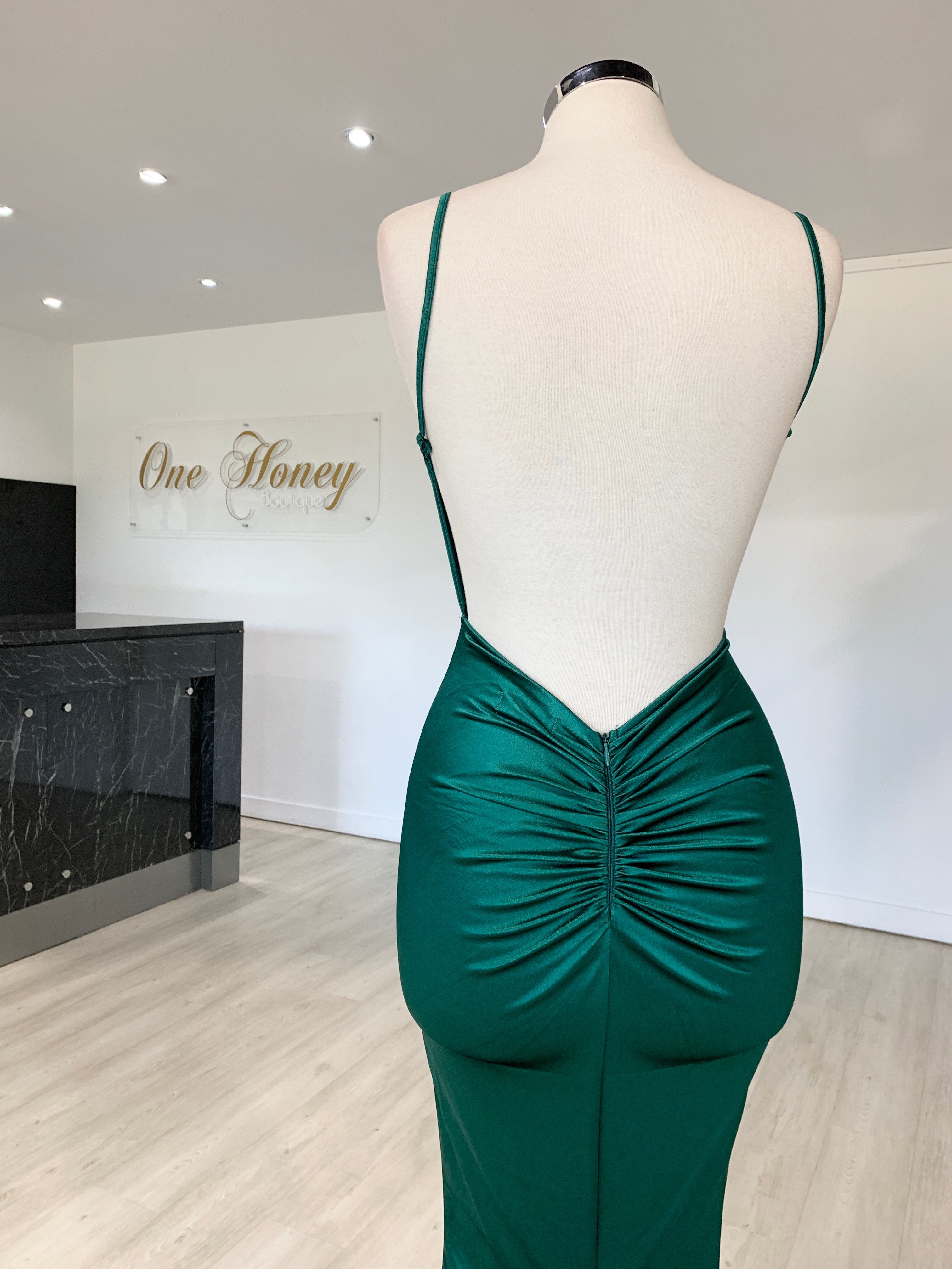 Back view of MILEE Low Back Mermaid Evening Gown Dress by Honey Couture, Australian Designer. Green silk with bum ruching. Prom and Formal.
