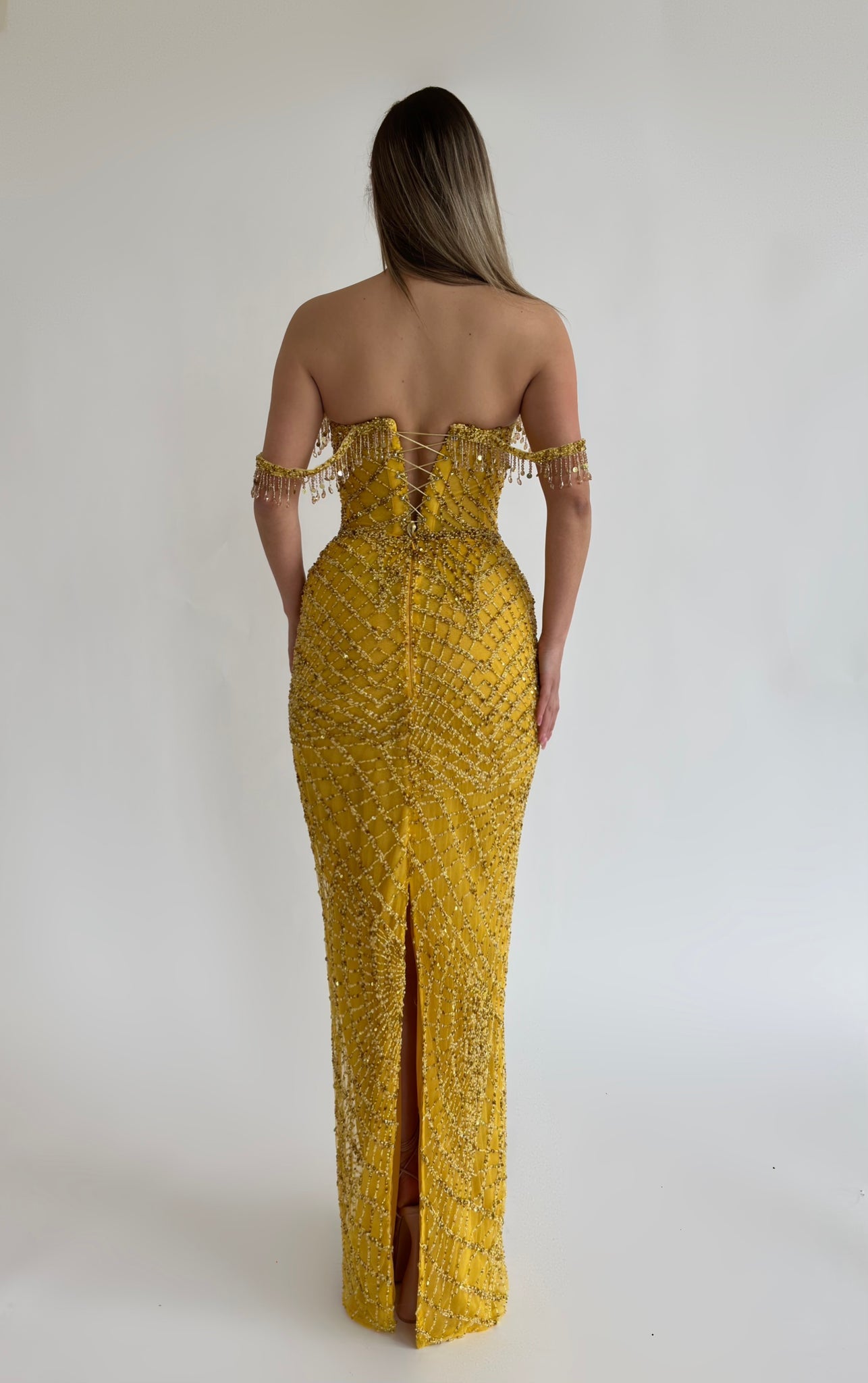 MINNA Fashion IRMA yellow beaded mermaid gown with off-the-shoulder design. Perfect for formal events, Brisbane to Gold Coast.