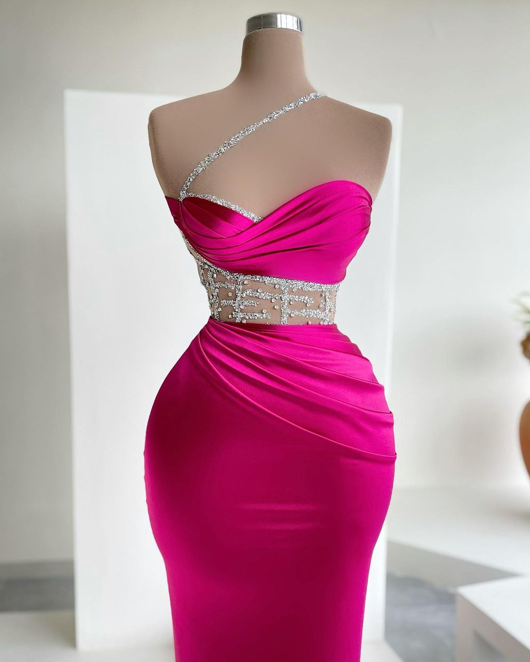 MINNA Fashion JESS dress with pink silky asymmetric mermaid style, sweetheart neckline, sheer corset boning. Brisbane to Gold Coast.