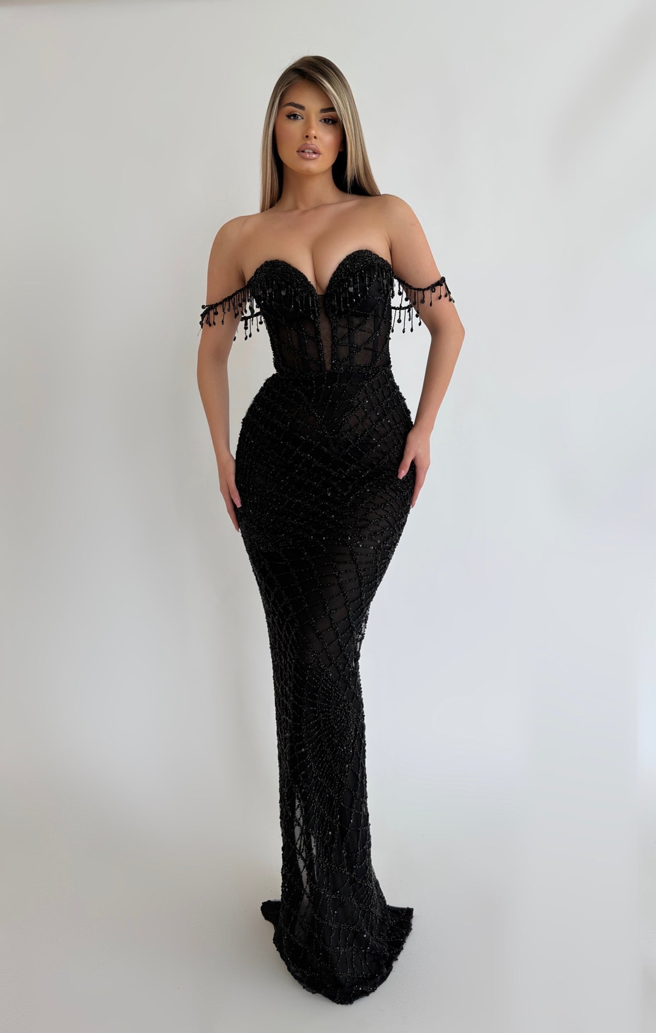 MINNA Fashion IRMA Black Beaded Off The Shoulder Mermaid Formal Dress