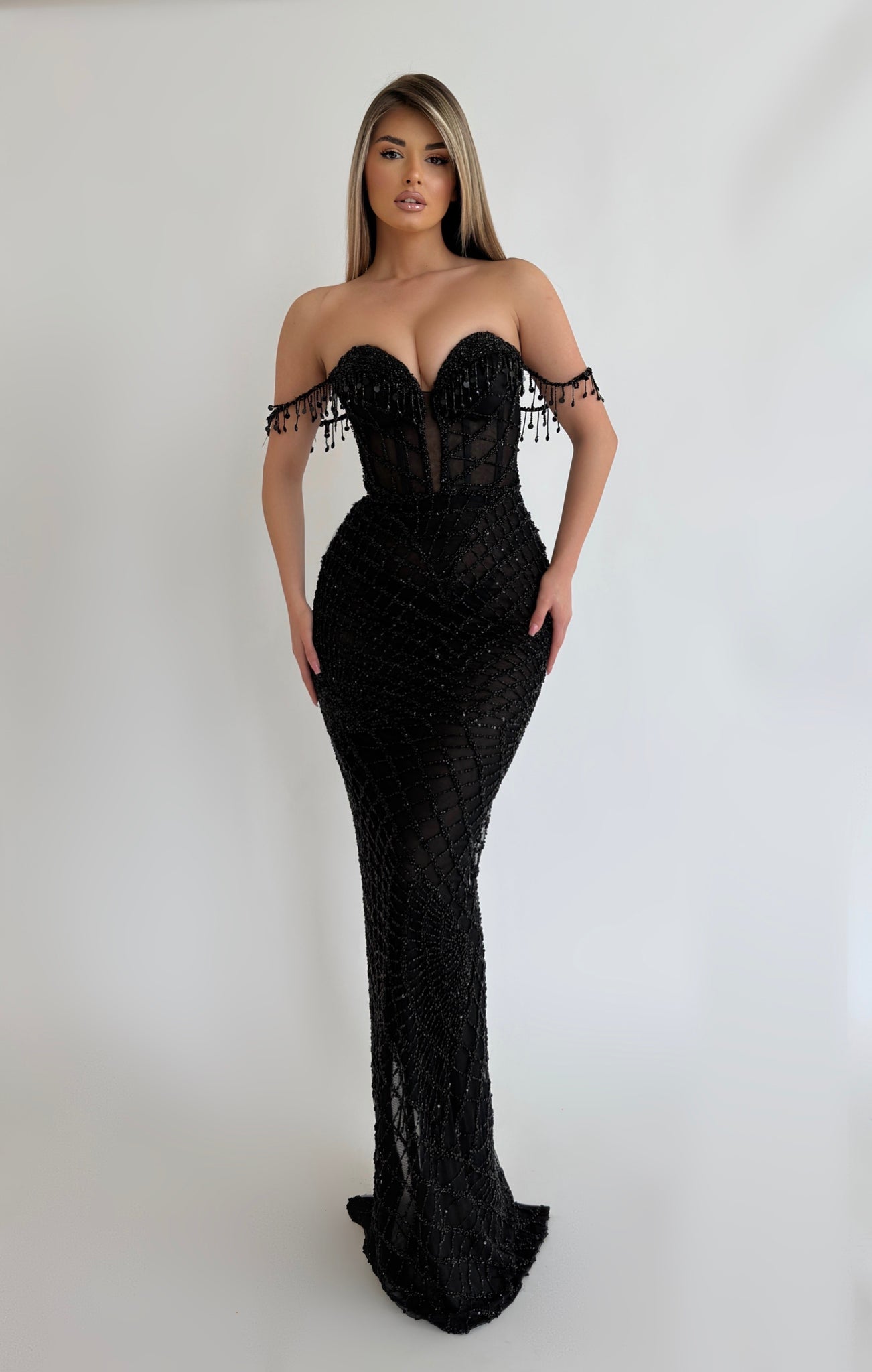 black off the shoulder mermaid prom dress Ladivine CM354
