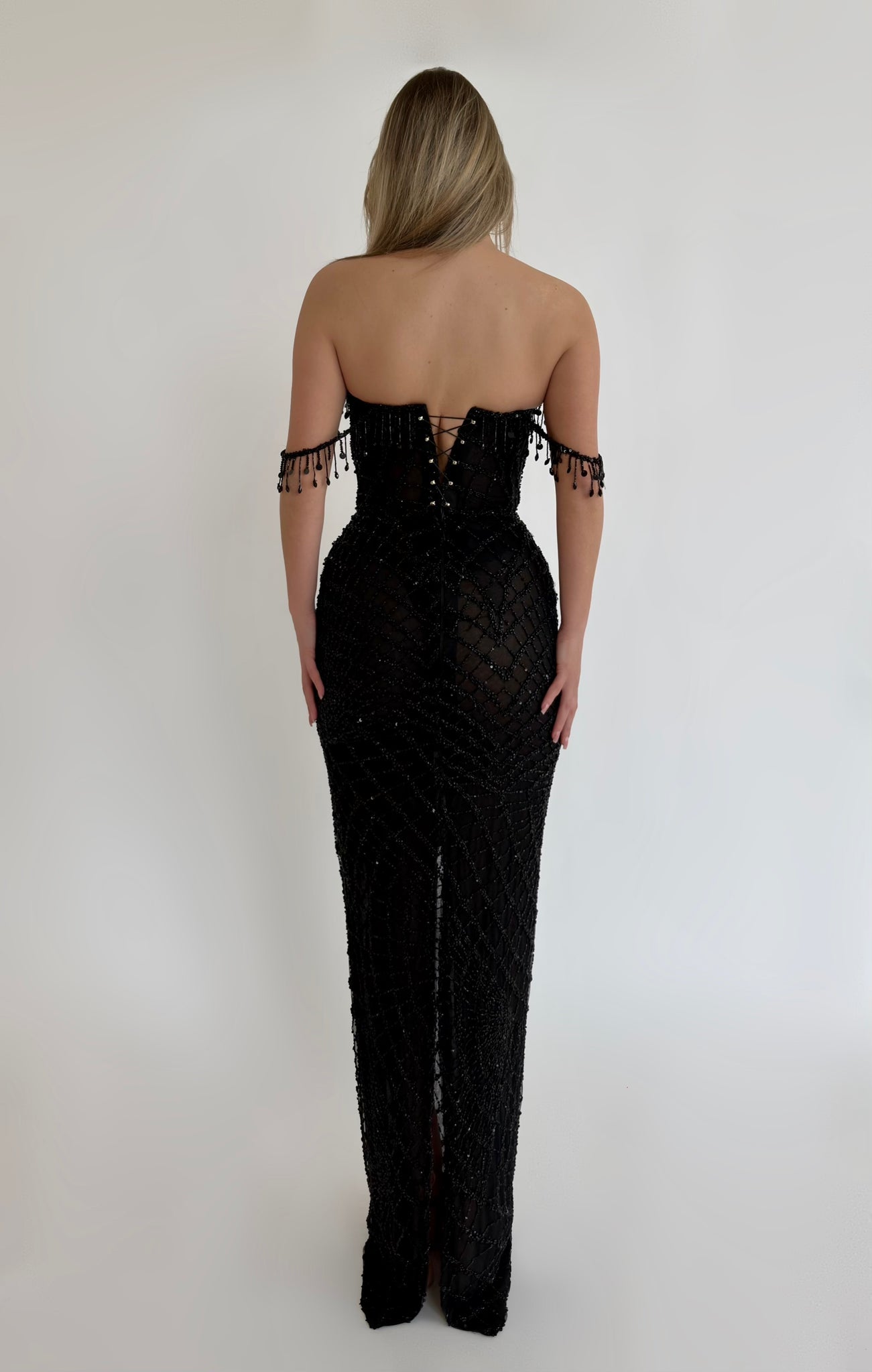 MINNA Fashion IRMA Black Beaded Off the Shoulder Mermaid Formal Dress, elegant gown featuring intricate beadwork and off-shoulder design. Brisbane to Gold Coast, Australia.
