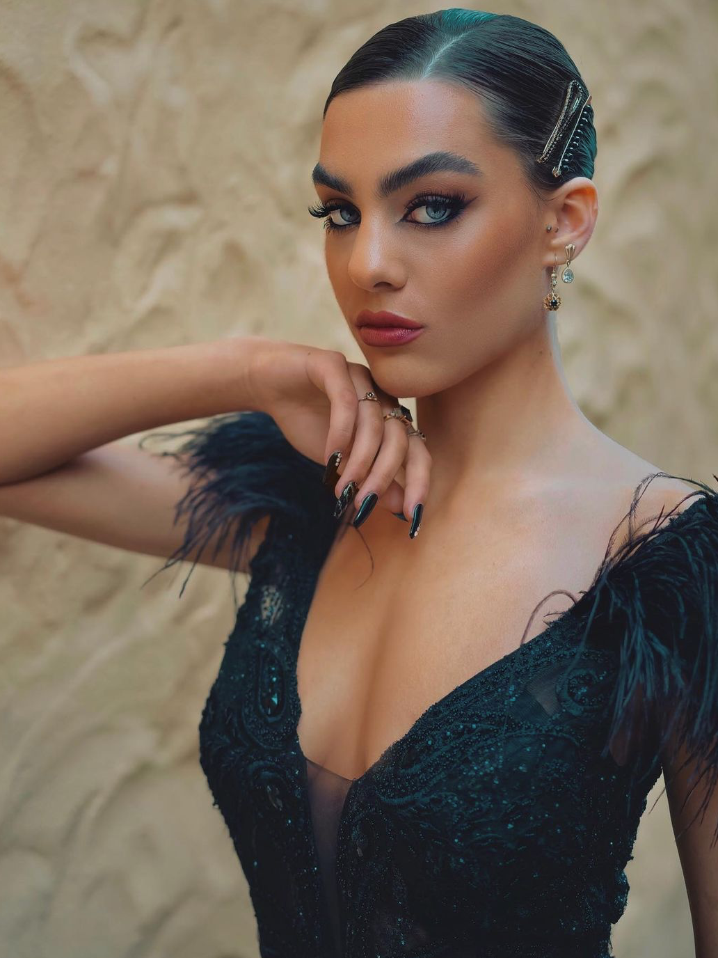 PORTIA & SCARLETT FUFU GOWN with black feather shoulder and iridescent beads, formal evening gown. Brisbane to Gold Coast, Australia.