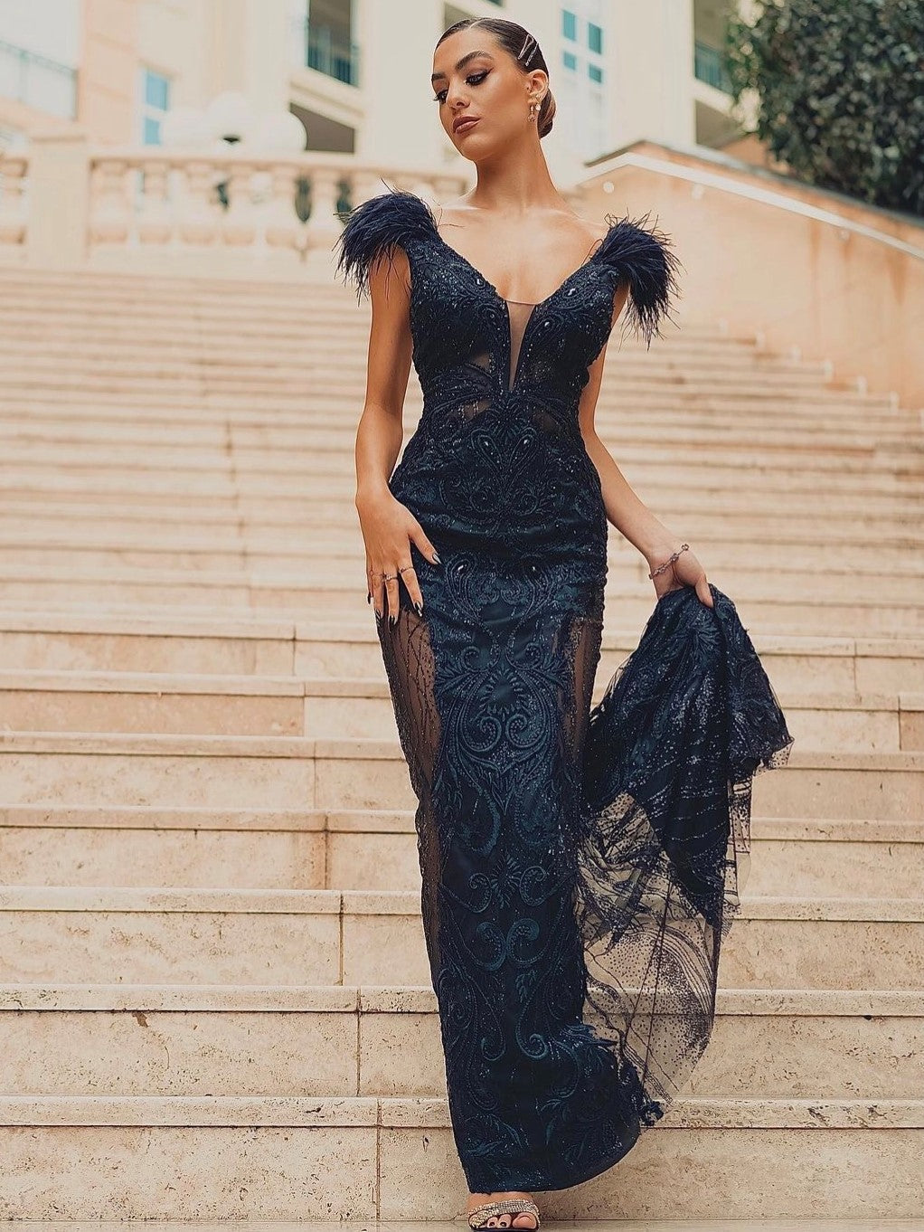 PORTIA & SCARLETT FUFU GOWN featuring black feathered shoulders and illusion mesh panel, formal gown for special occasions, Brisbane to Gold Coast.