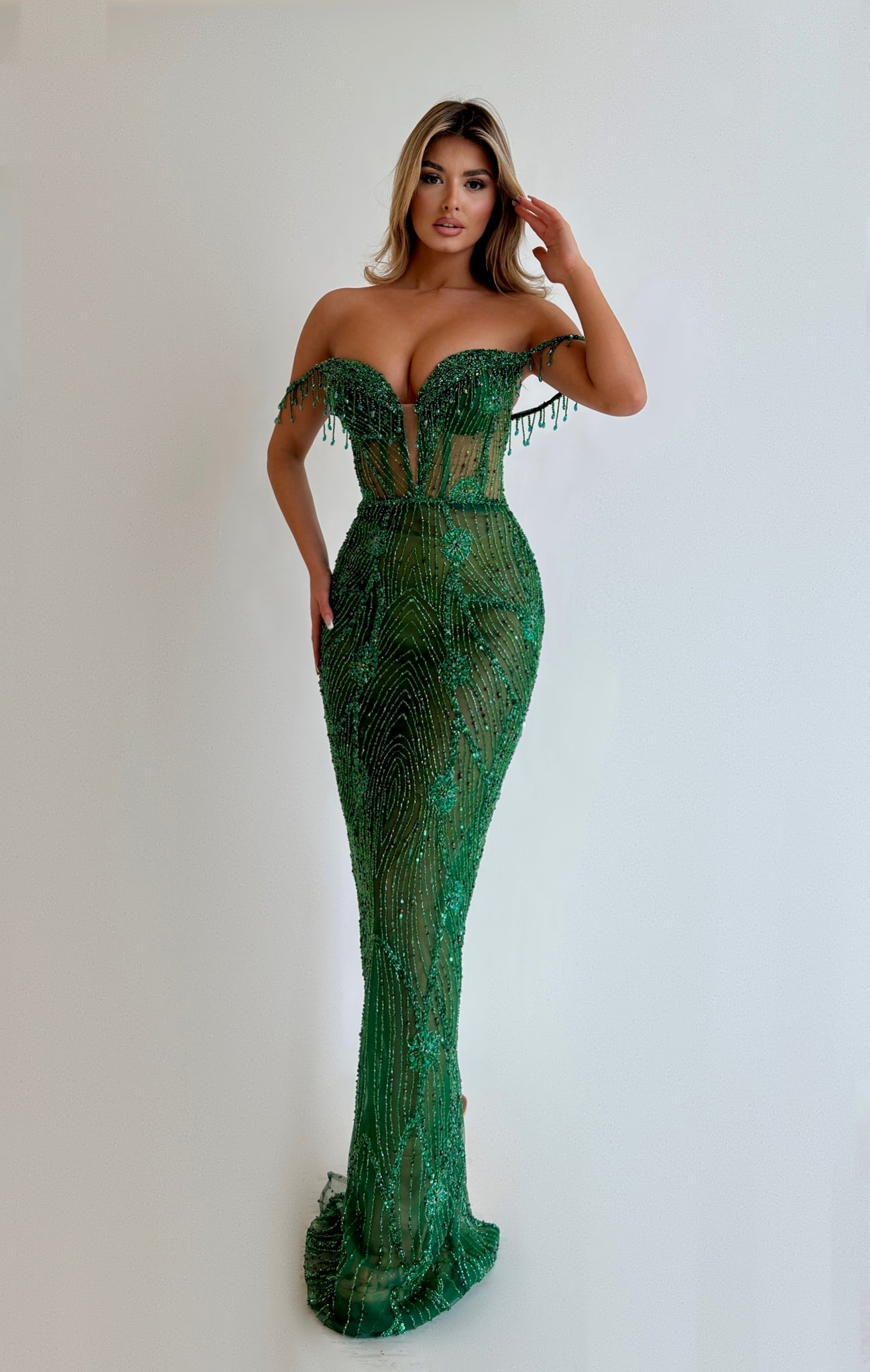 MINNA Fashion IRMA Green Beaded Off The Shoulder Mermaid Formal Dress