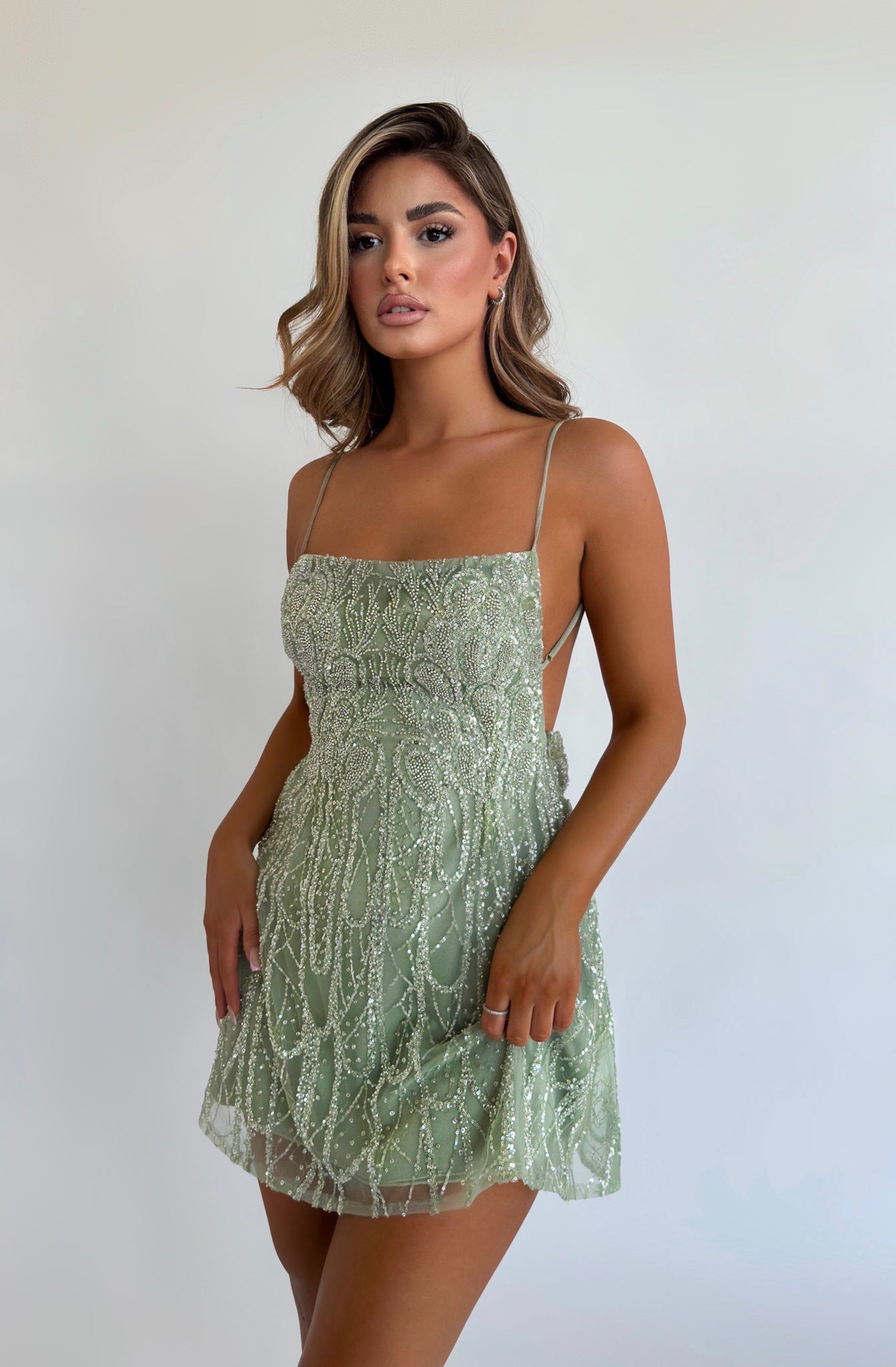 MINNA Fashion BOA mint sequin backless mini party dress with spaghetti straps, perfect for youthful glamour. Brisbane to Gold Coast, Australia.
