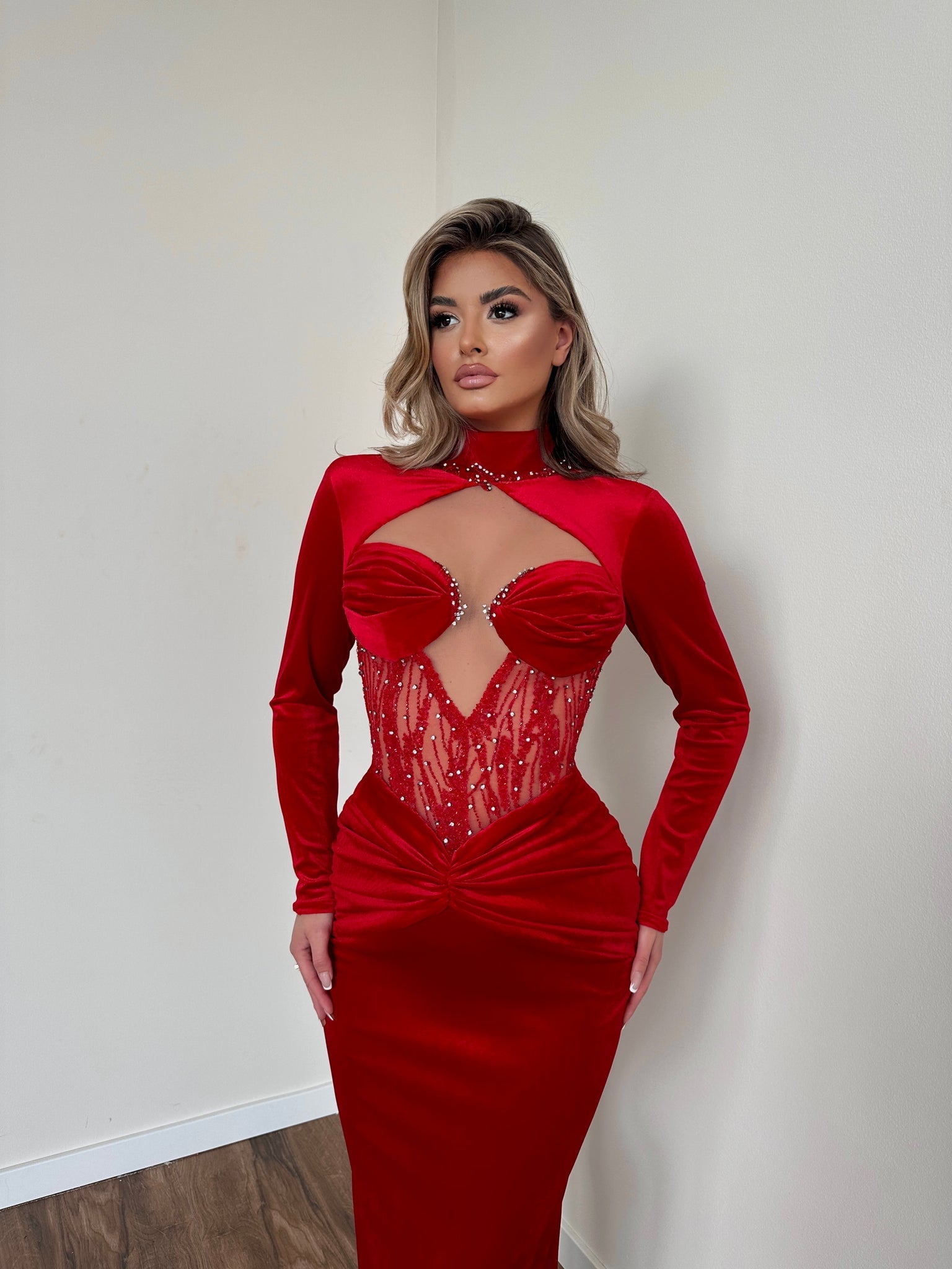 MINNA Fashion QUINTESSA red velvet long sleeve mermaid formal dress with sheer embellished bodice, perfect for evening wear. Brisbane to Gold Coast.