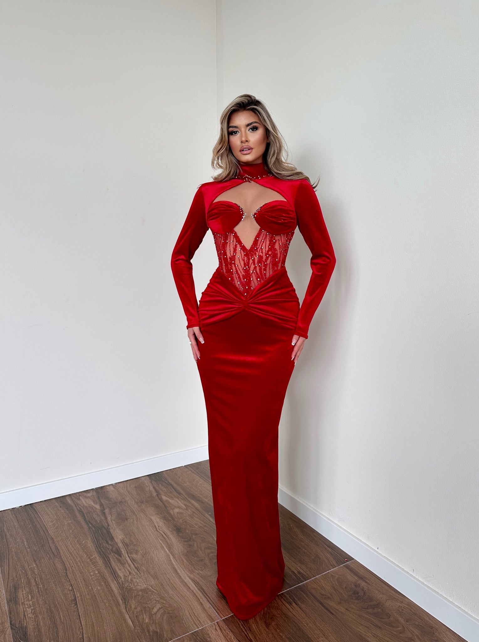 MINNA Fashion QUINTESSA red velvet long sleeve mermaid dress with lace bodice, evening gown Brisbane to Gold Coast.