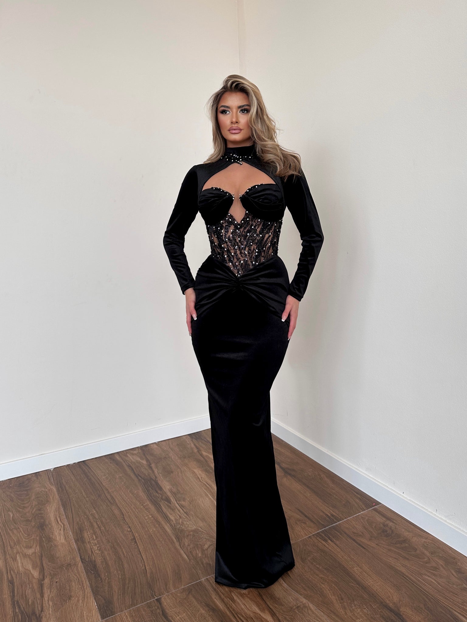 MINNA Fashion QUINTESSA black velvet long sleeve mermaid formal dress with lace bodice, perfect for evening events, Brisbane to Gold Coast.