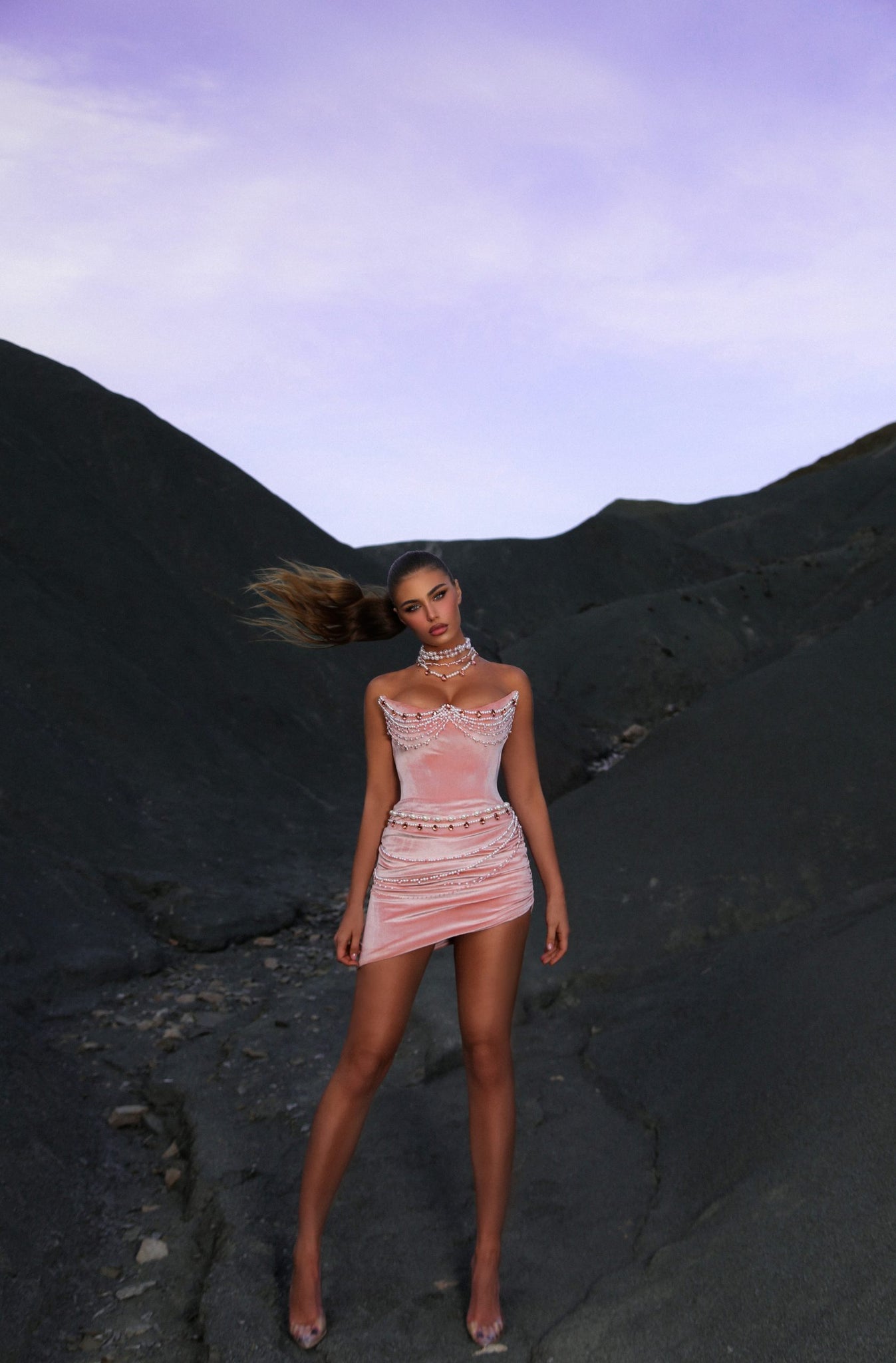 pink velvet strapless dress Pink Velvet Prom Dress with Beadings Slit Sleeveless Strapless