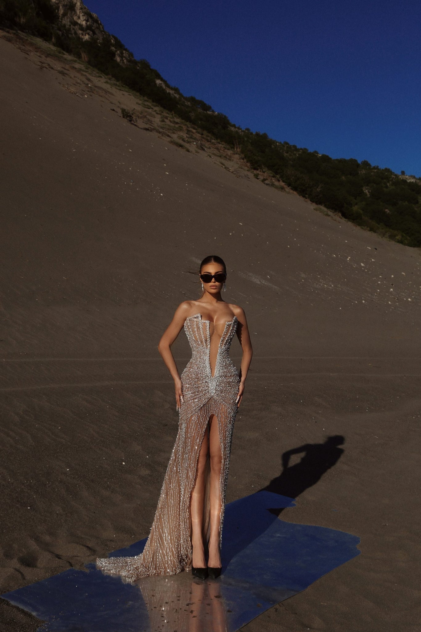MINNA Fashion ZOE strapless beaded pearl mermaid dress with leg split, formal evening gown, Brisbane to Gold Coast, Australia.
