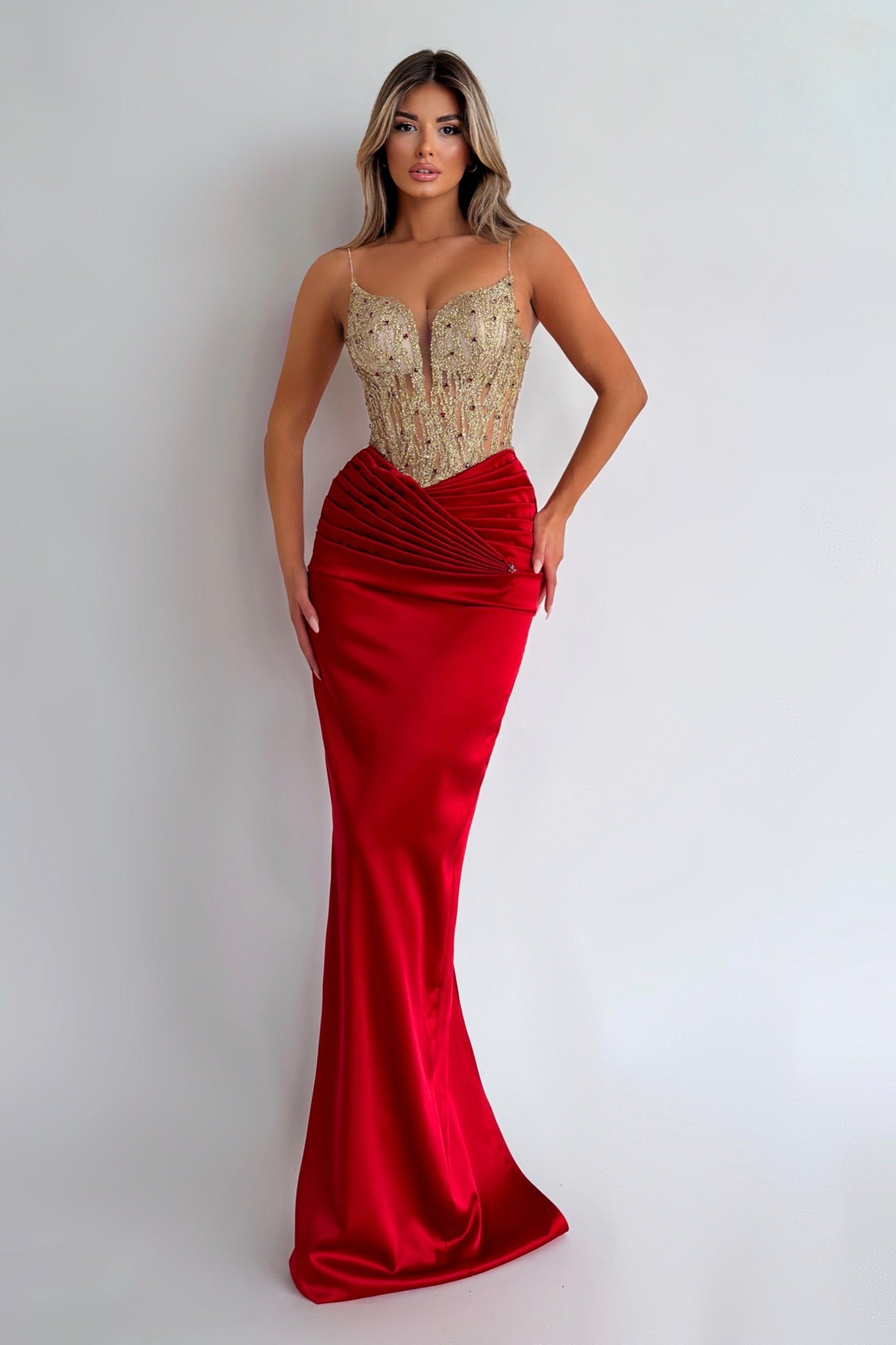 MINNA Fashion IRENA Red Silky Beaded Detail Mermaid Formal Dress
