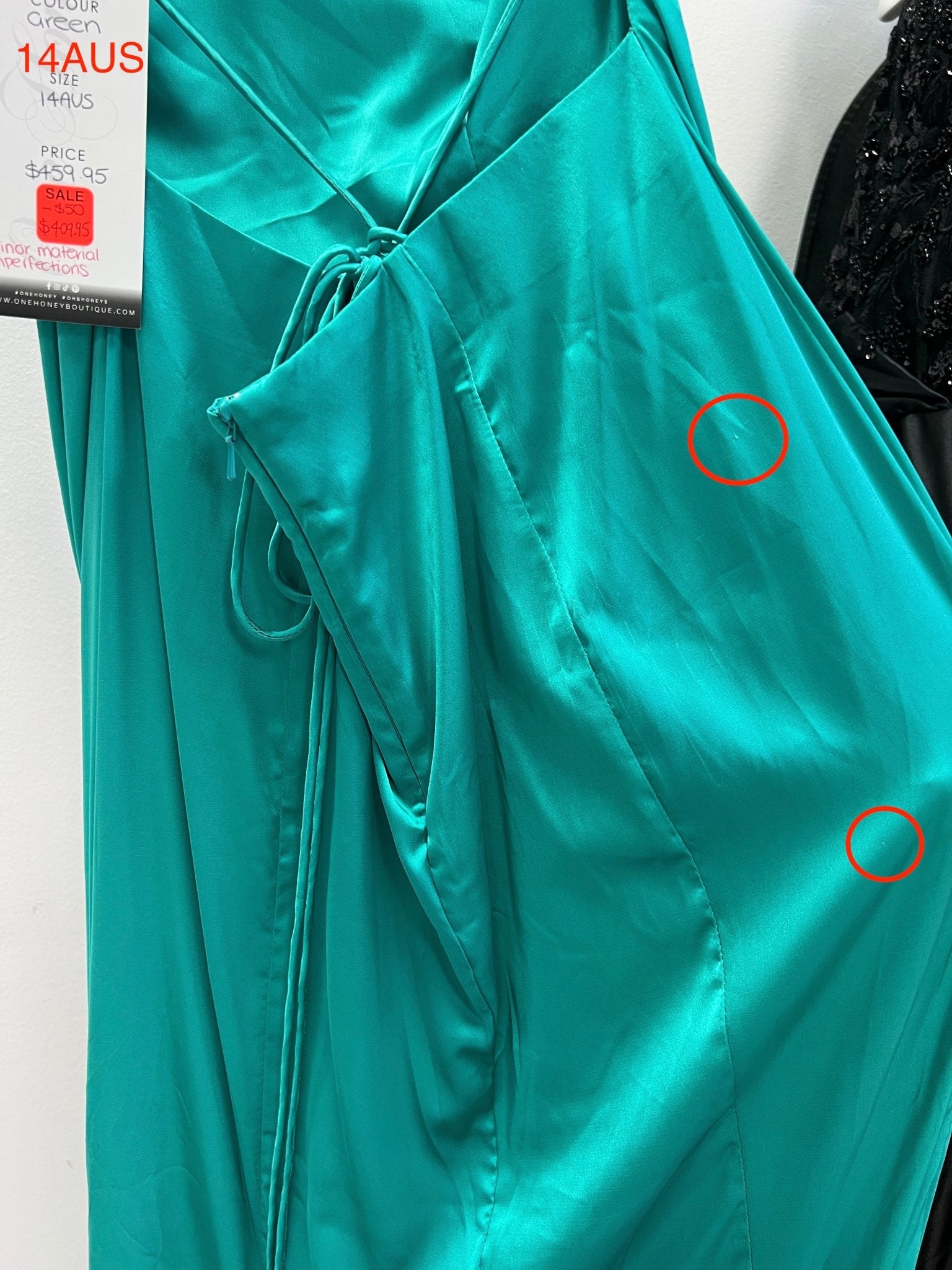 Honey Couture STEVIE green satin mermaid dress with corset back and leg split, ideal for prom, by Australian designer label. Affordable evening gown.