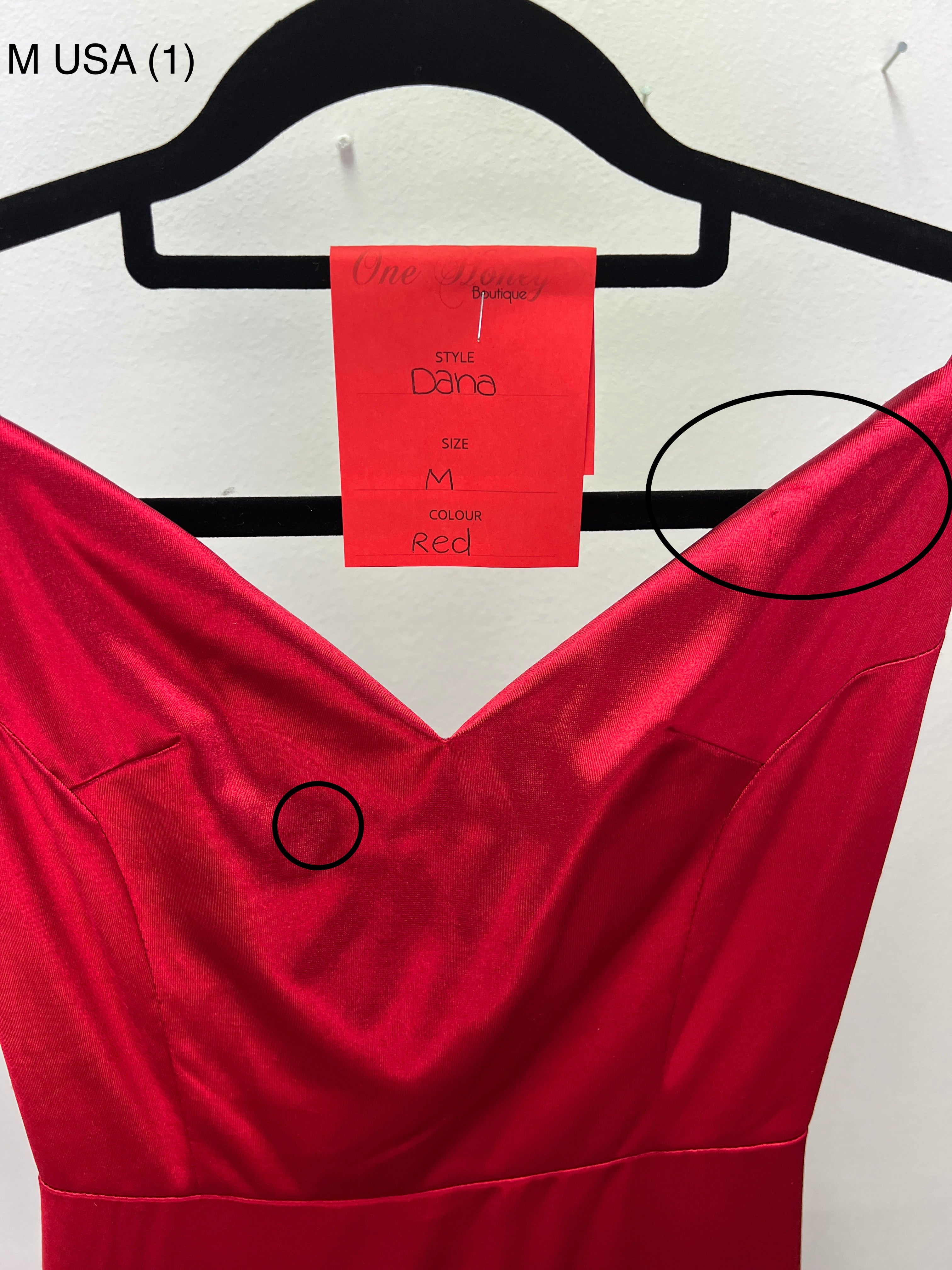 Honey Couture DANA red formal dress on hanger, showcasing bum ruching and tie-up back, ideal for prom or evening events by Australian designer.