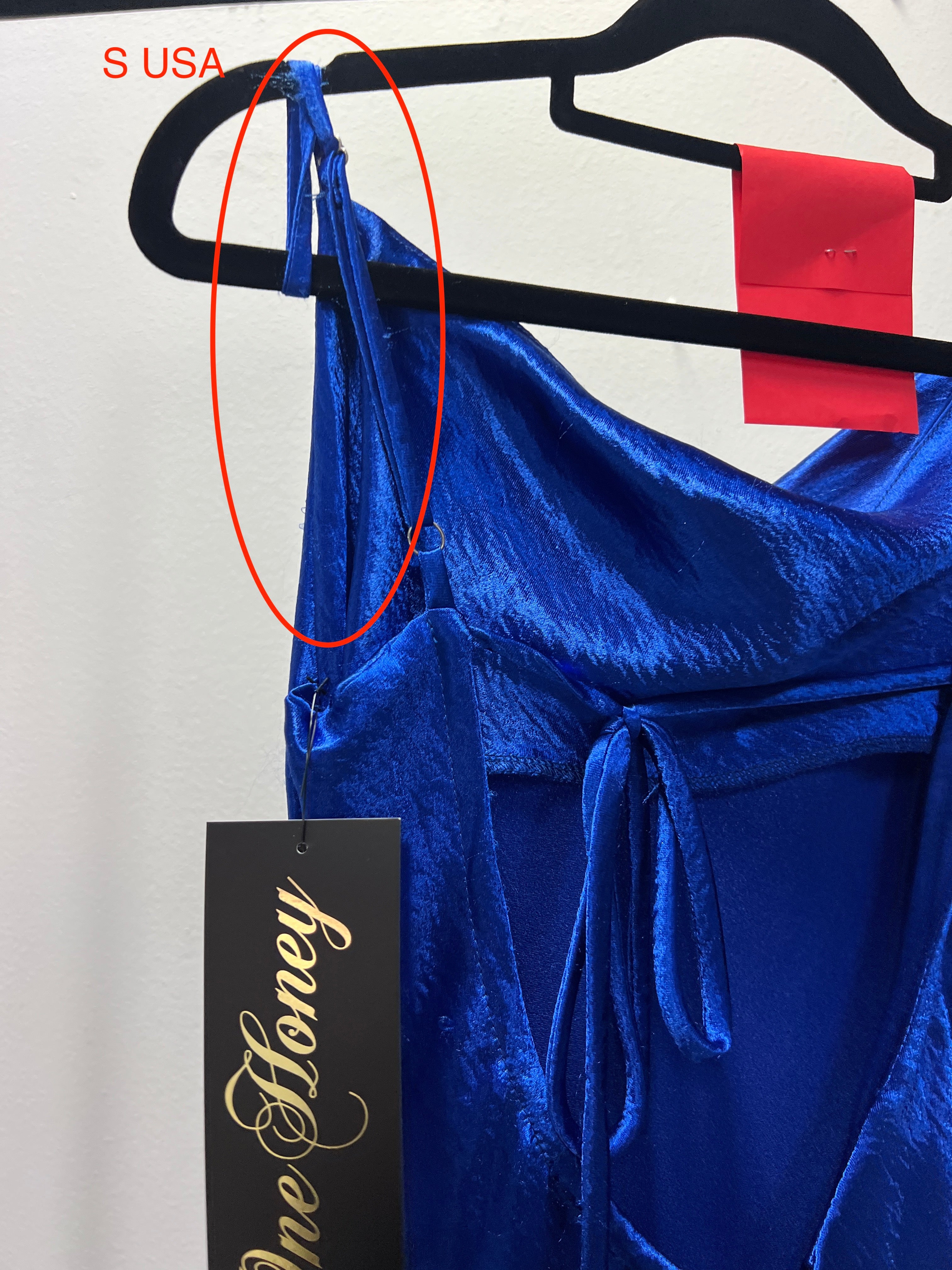 Honey Couture EVELYN Blue Silky Slip Dress on hanger, featuring tie-up back, Australian Designer Prom Gown, size S USA, red tag.