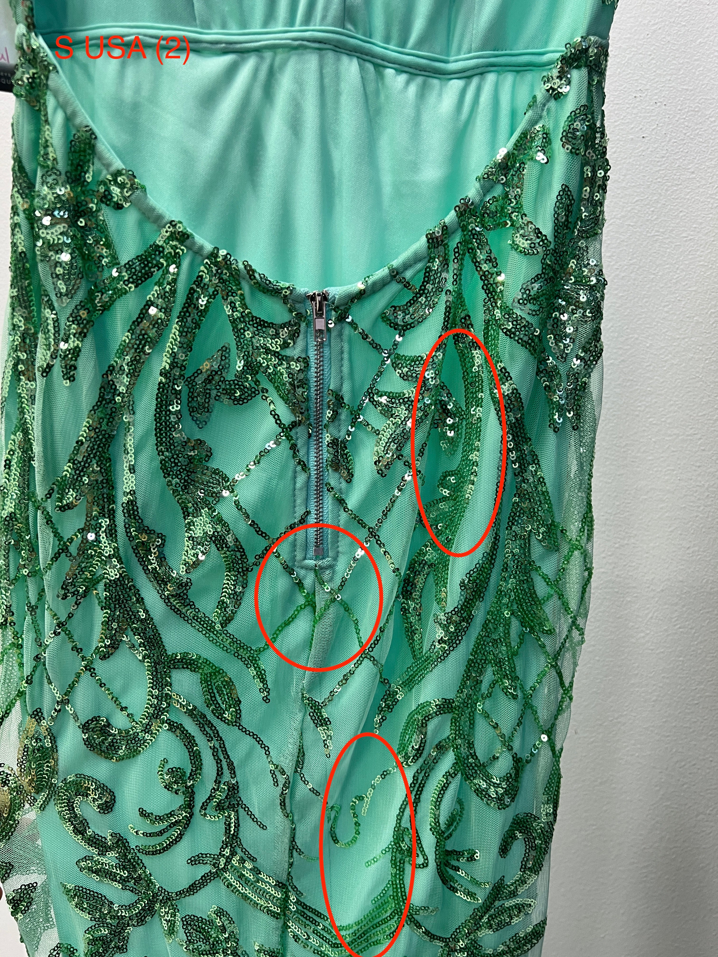 Back view of the Honey Couture TRISTIN Green Sequin Low Back Formal Dress showing zipper and intricate detailing from Australian Designer.