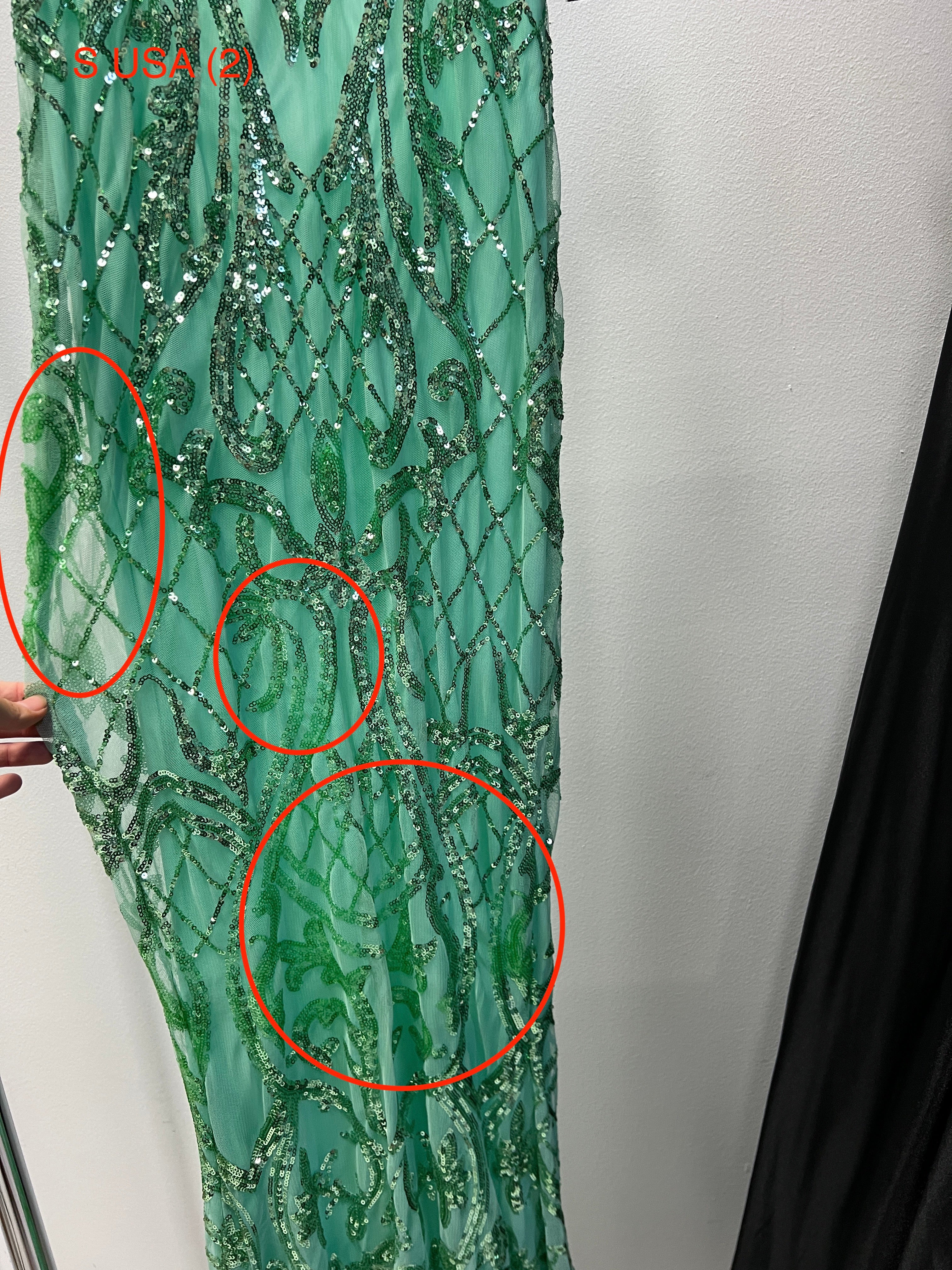 Close-up of Honey Couture TRISTIN Green Sequin Formal Dress, featuring intricate sequin details. Perfect for prom and evening events.