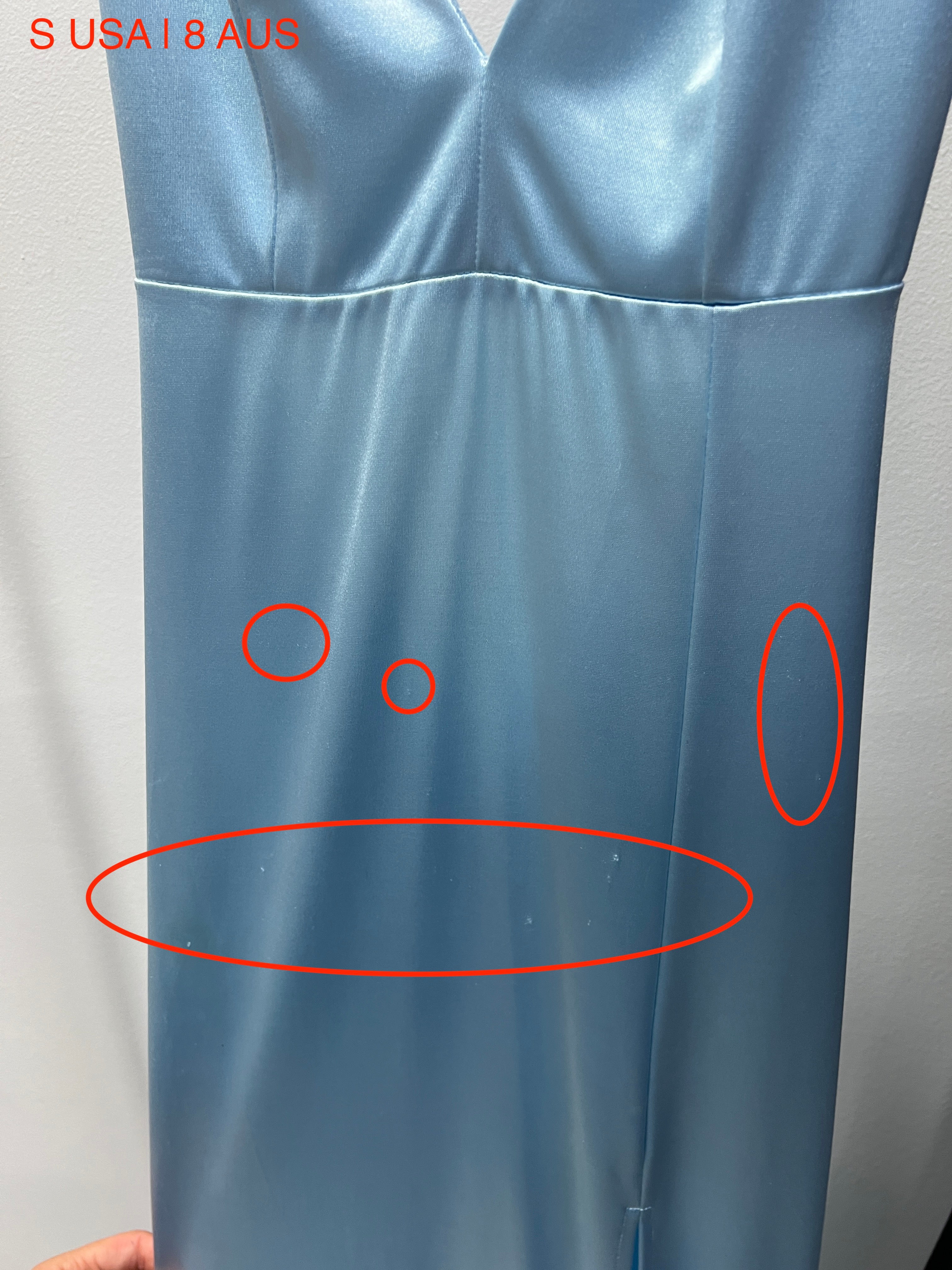 Close-up of Honey Couture MILEE baby blue evening gown with silky fabric and leg split, designed by Australian label, perfect for prom.