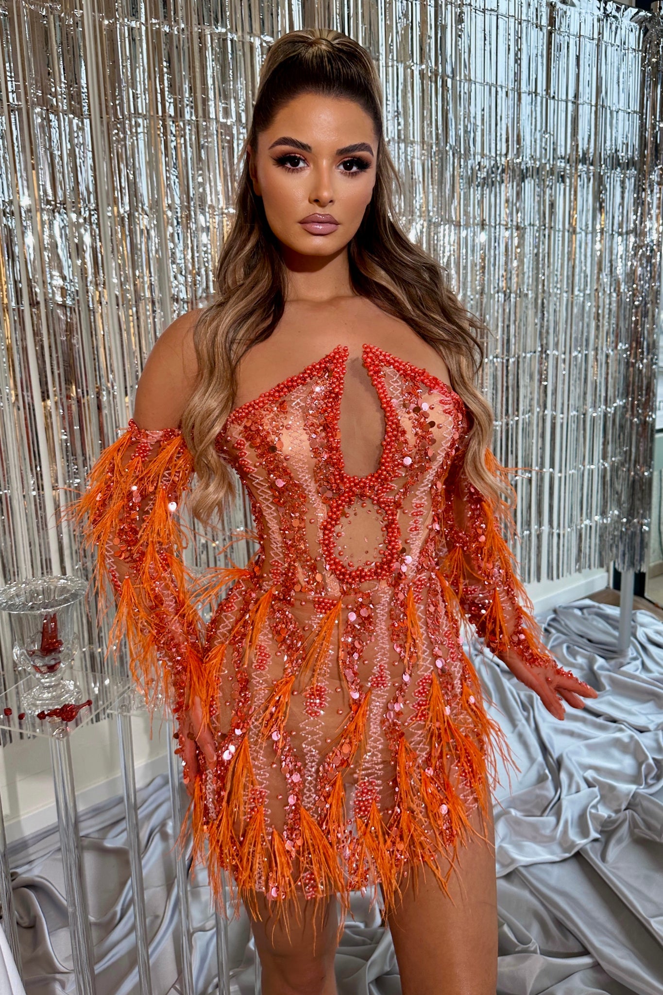 MINNA Fashion BRIANNA orange sequin off-shoulder bodycon party dress with intricate sequin pattern, Brisbane to Gold Coast, Australia.