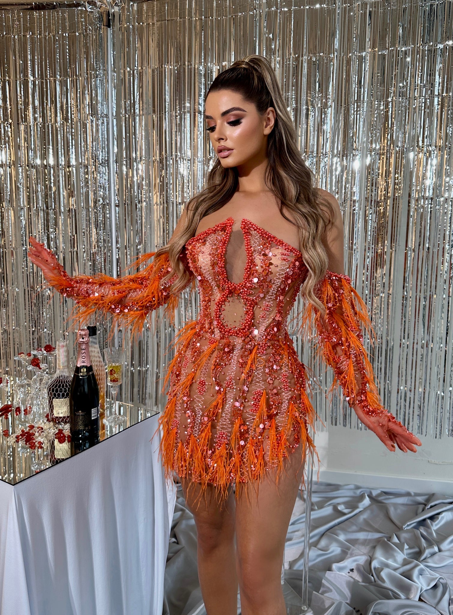 MINNA Fashion BRIANNA Orange Sequin Off Shoulder Mini Bodycon Dress with intricate beadwork. Perfect for a party from Brisbane to Gold Coast.