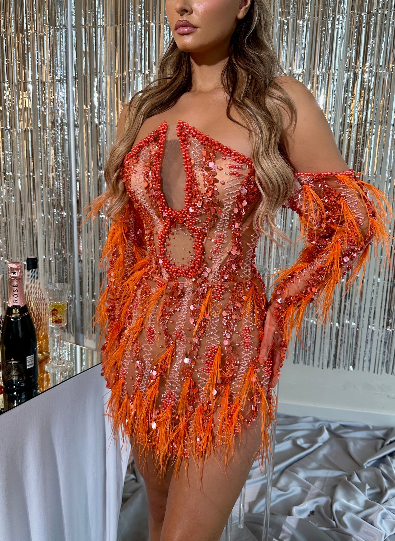 MINNA Fashion BRIANNA Off Shoulder Orange Sequin Mini Bodycon Dress with Feather Accents, perfect for parties. Brisbane to Gold Coast.