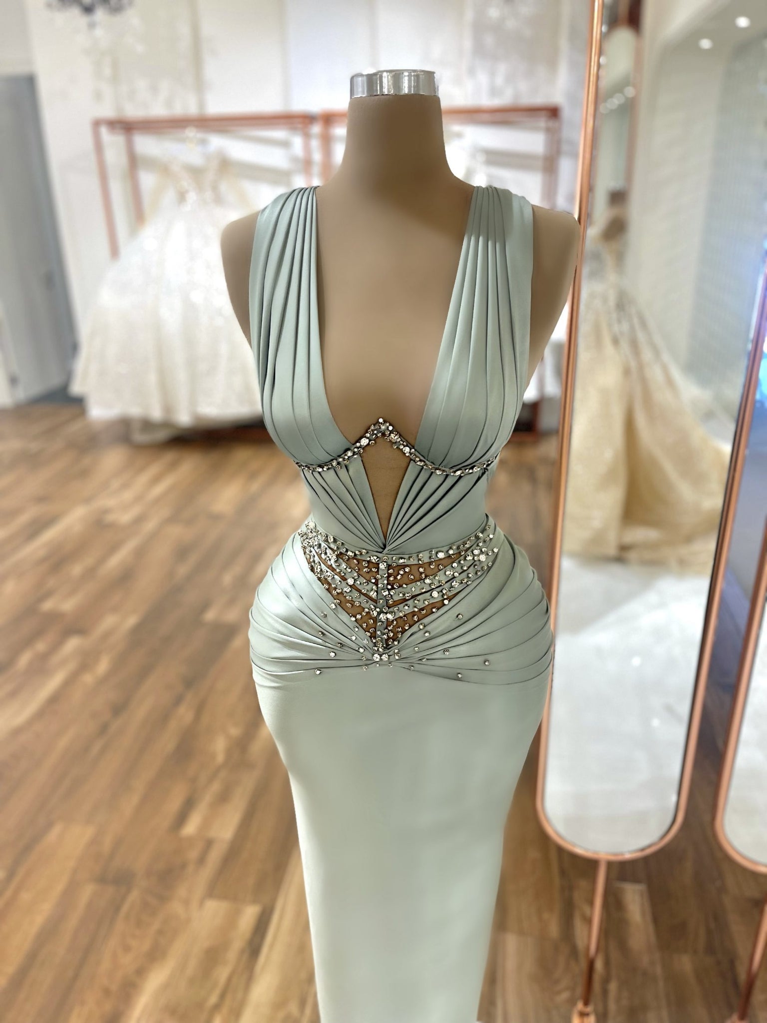 MINNA Fashion MARISOL Blue silky plunge neckline dress with rhinestones, mermaid formal gown. Brisbane to Gold Coast, Australia.