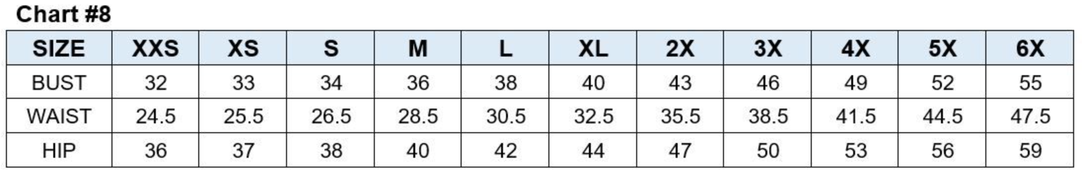 Women's size chart for bust, waist, and hip measurements from XXS to 6X.